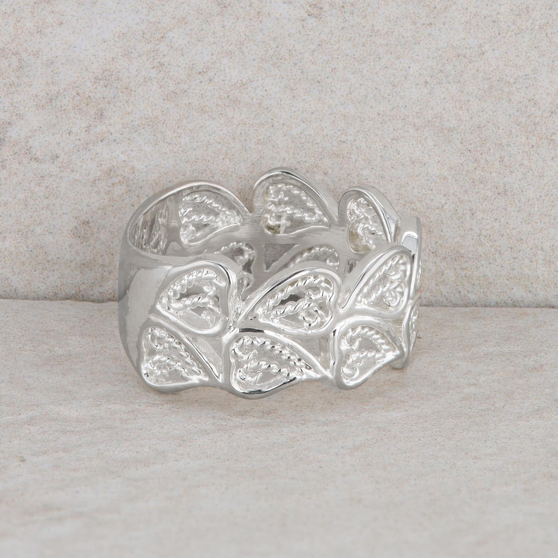 Sterling Silver Double Row Heart Wide Band 4.7g