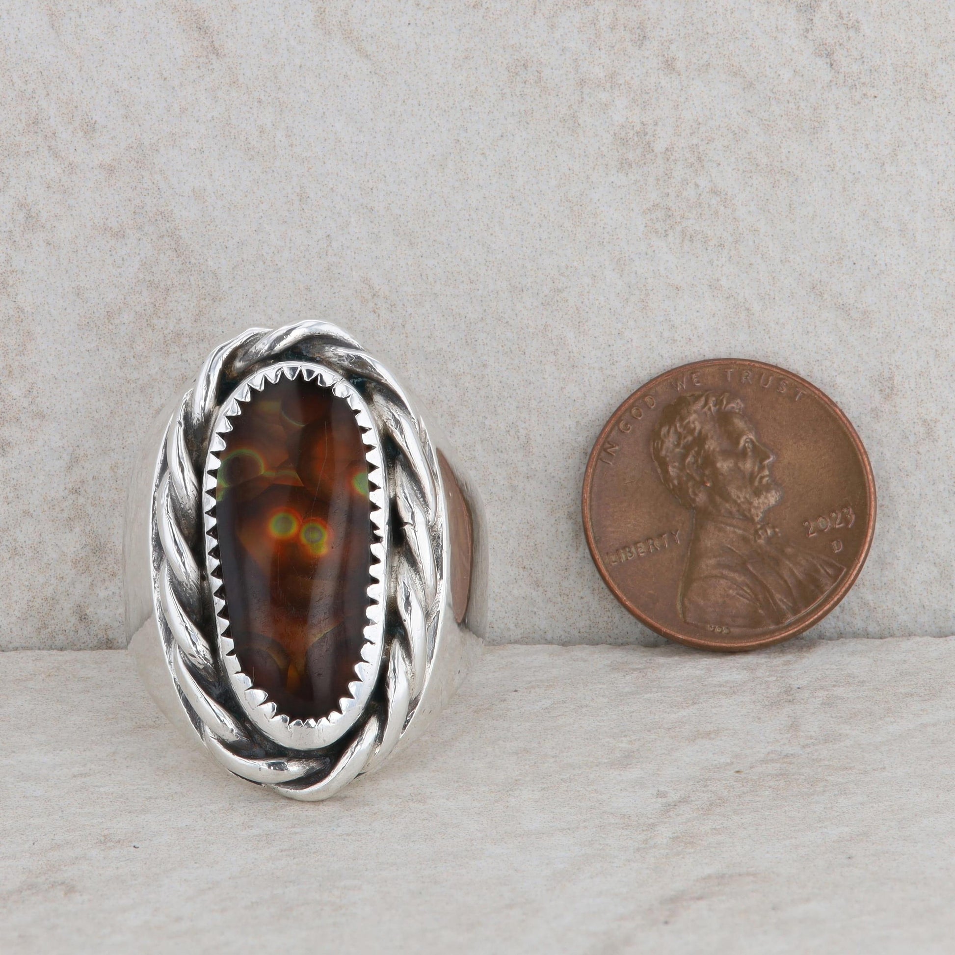 Sterling Silver Fire Agate Roped Statement Closed Back Ring