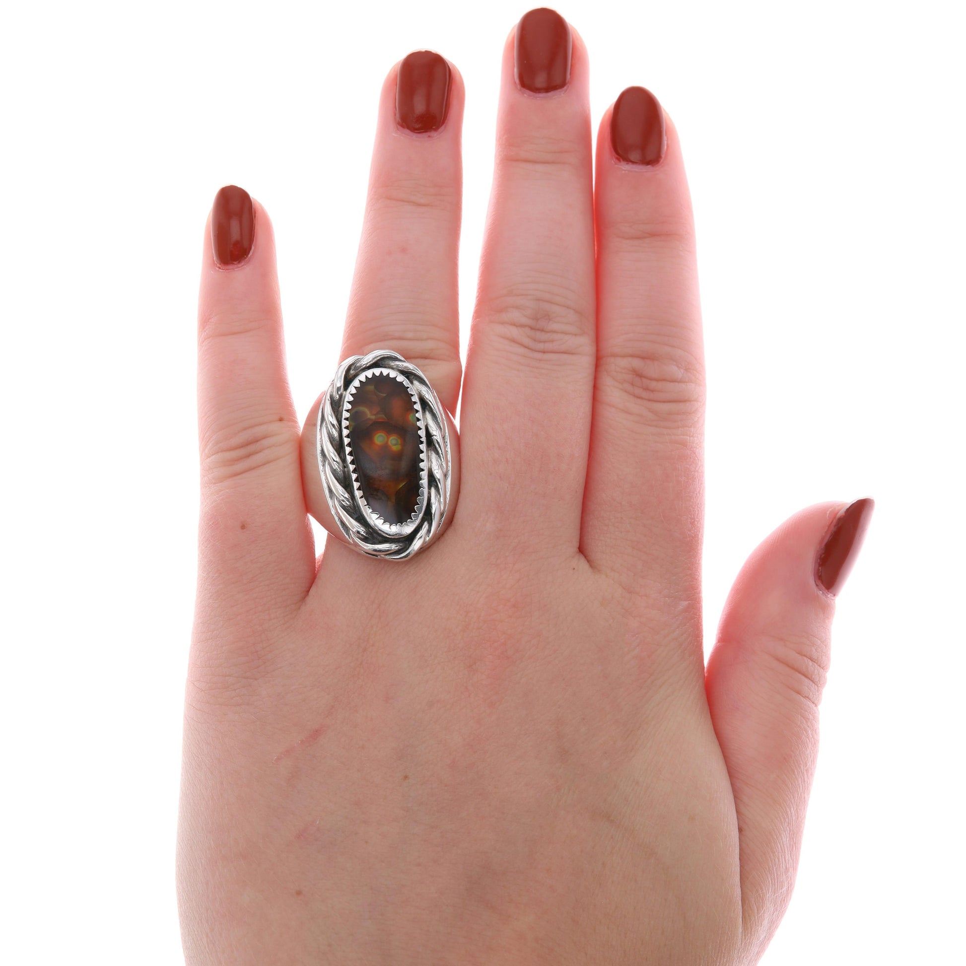 Sterling Silver Fire Agate Roped Statement Closed Back Ring