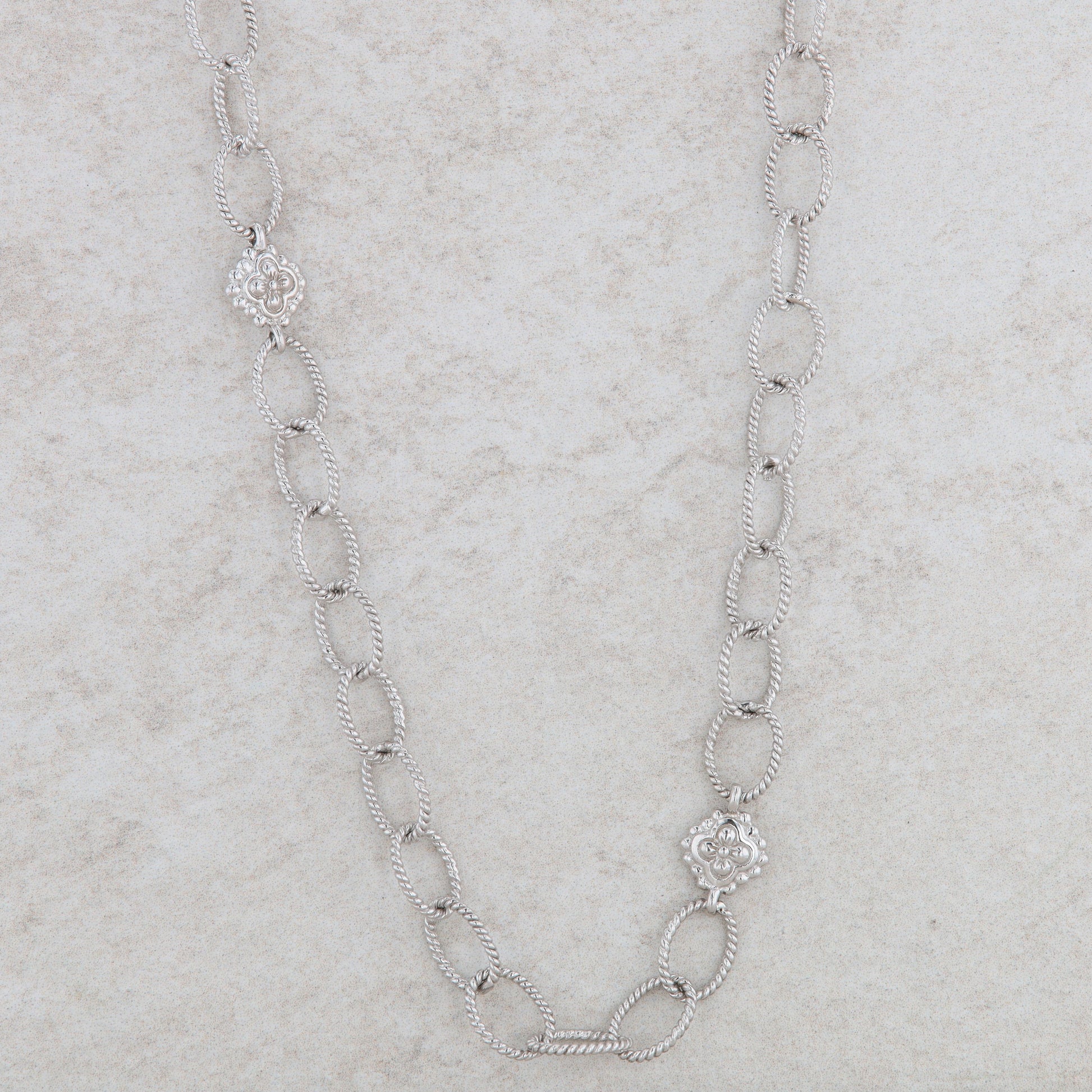 Sterling Silver Ribbed Oval Link Station Necklace 36"