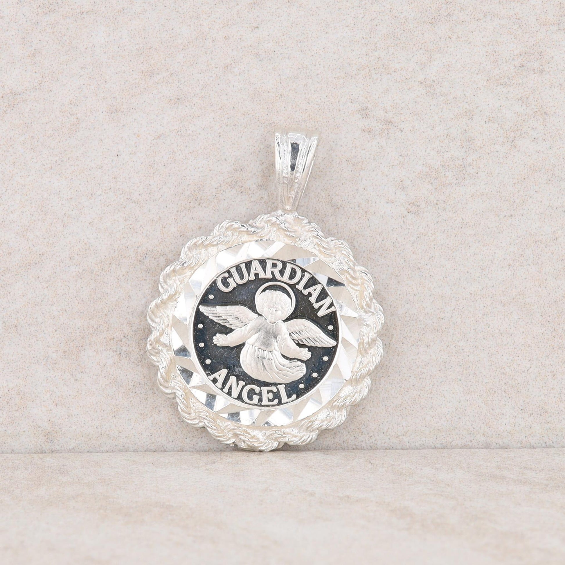 Sterling Silver Guardian Angel Coin Rope Frame Pendant 3.85g