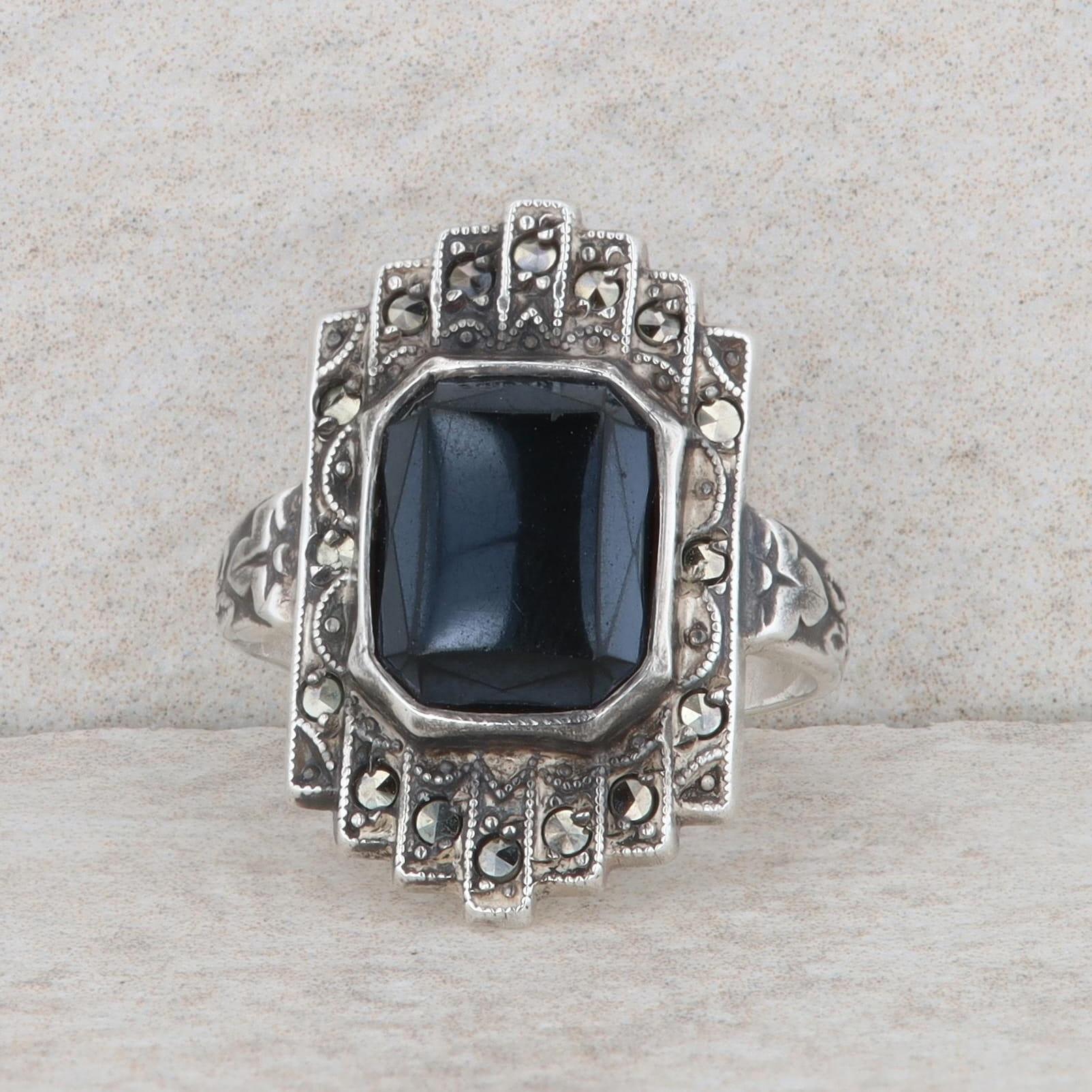 Sterling Silver Marcasite and Onyx Ring