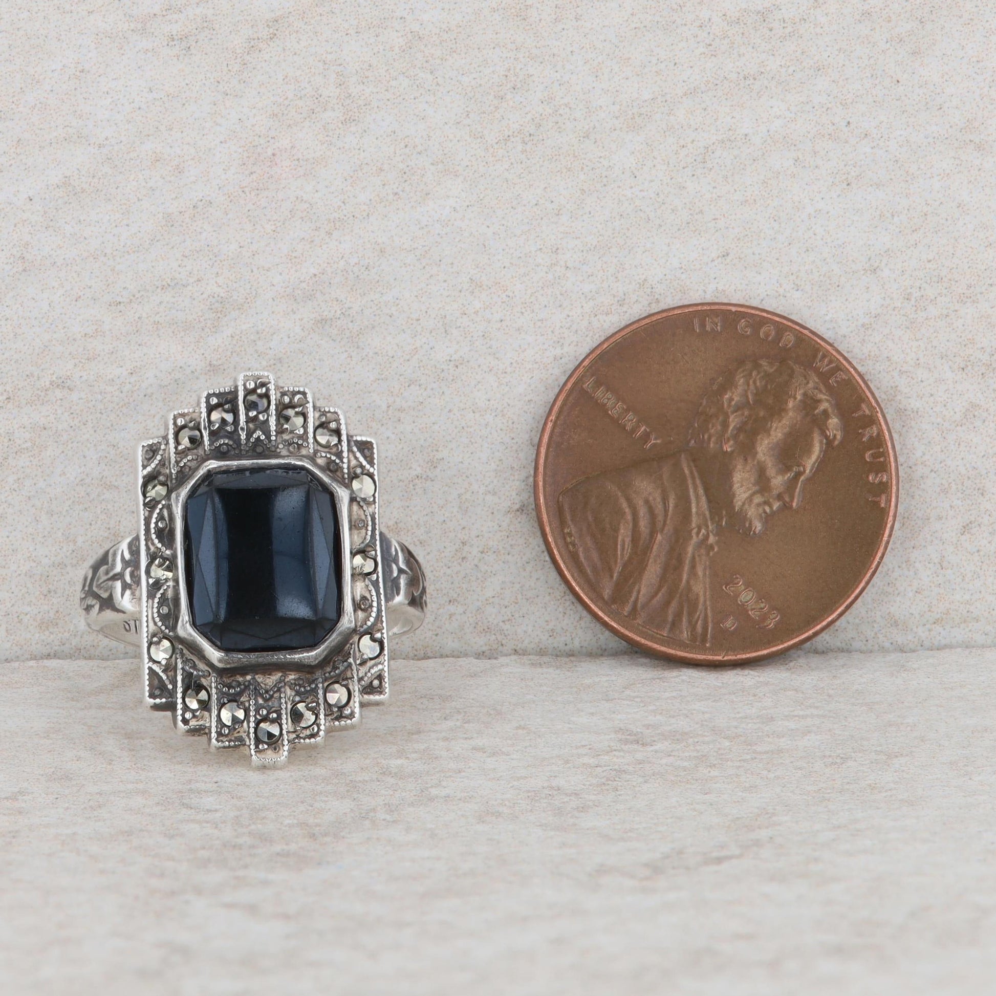 Sterling Silver Marcasite and Onyx Ring