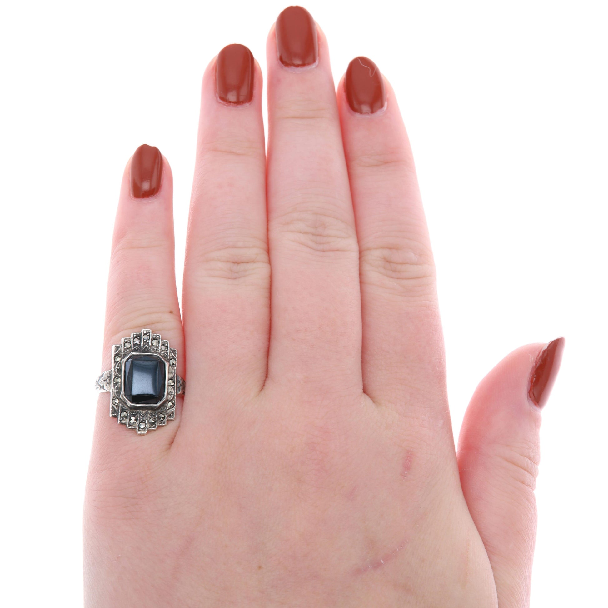 Sterling Silver Marcasite and Onyx Ring
