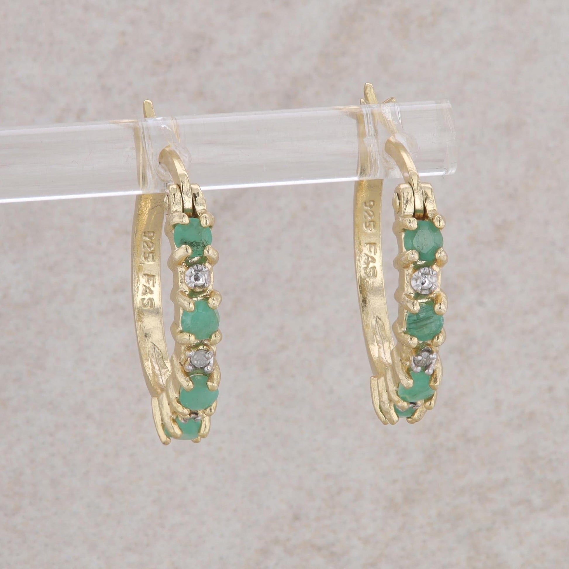 Sterling Silver/Gold Plated Emerald and Diamond Hoops