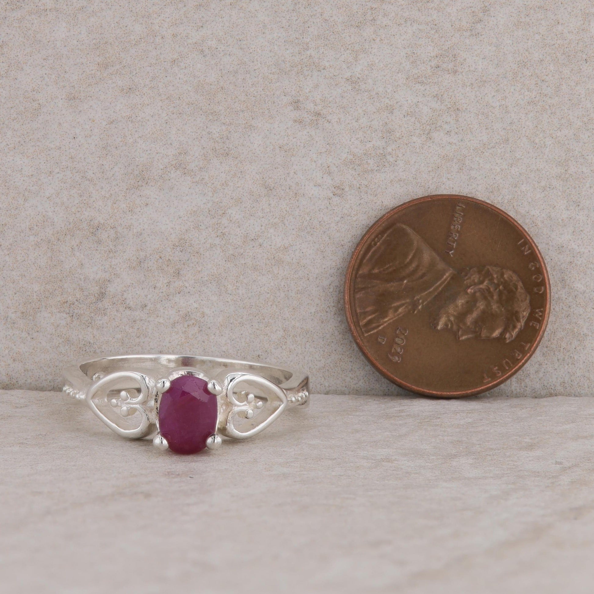 Sterling Silver Oval Ruby Heart Fashion Ring