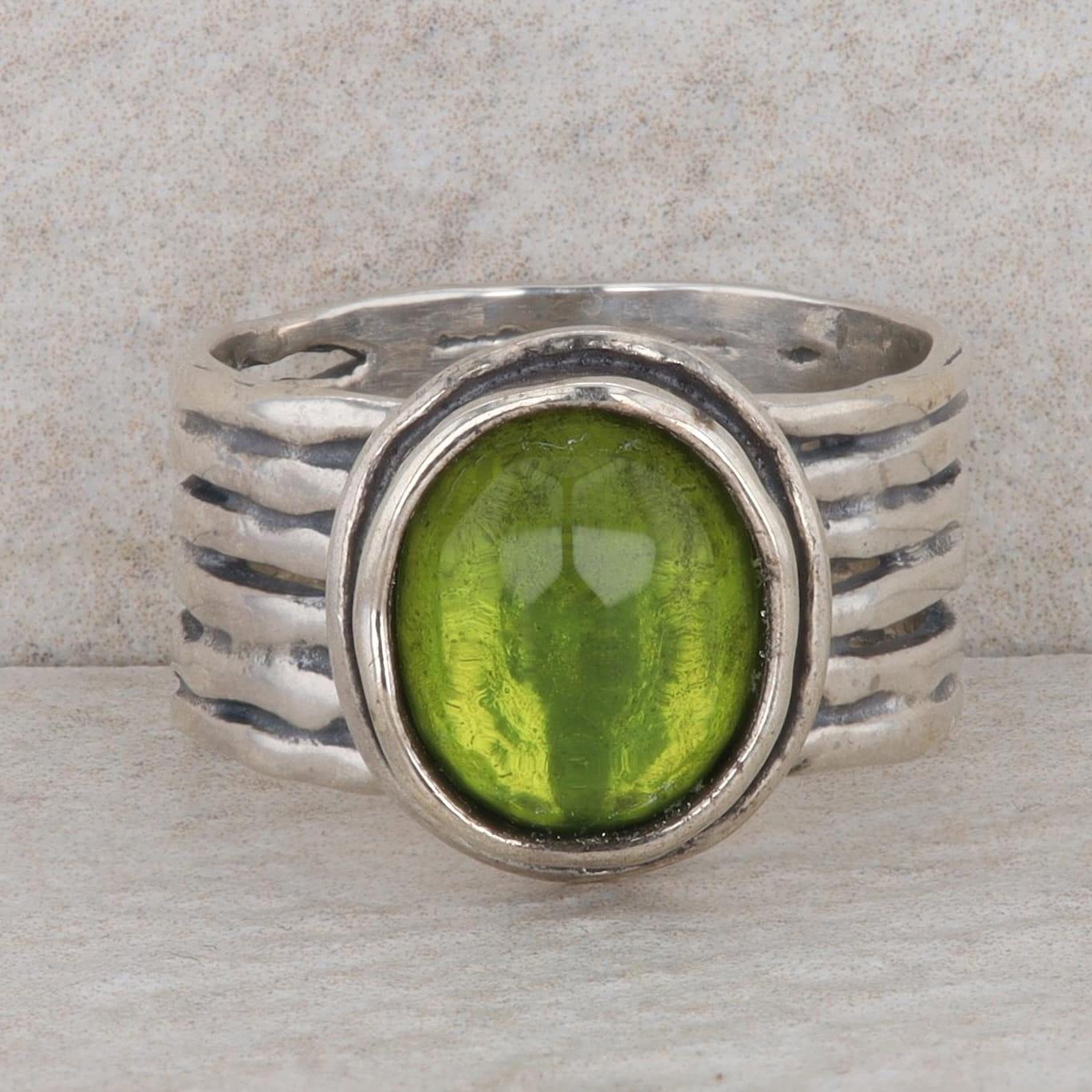 Sterling Silver Faceted Green Glass Fashion Ring