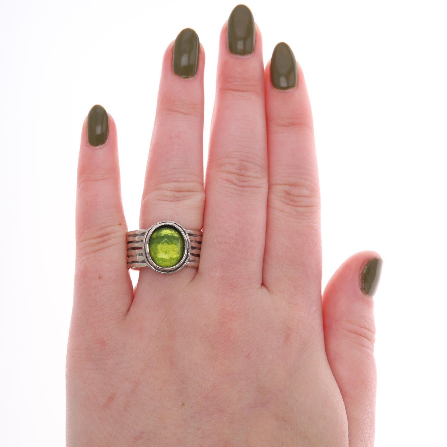 Sterling Silver Faceted Green Glass Fashion Ring