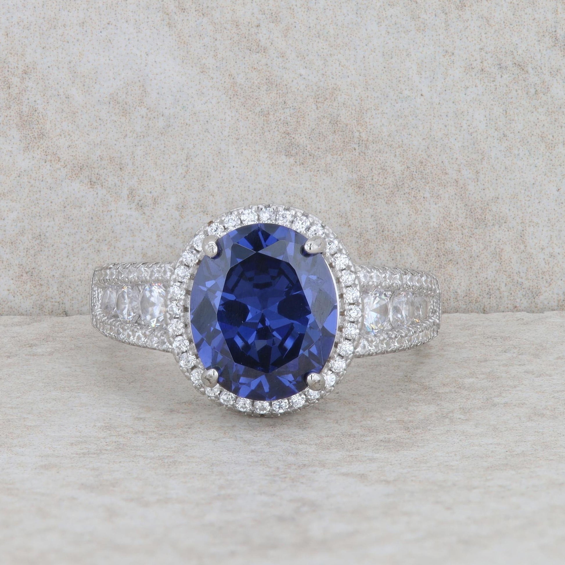 Sterling Silver Oval Blue Cubic Zirconia Halo Ring