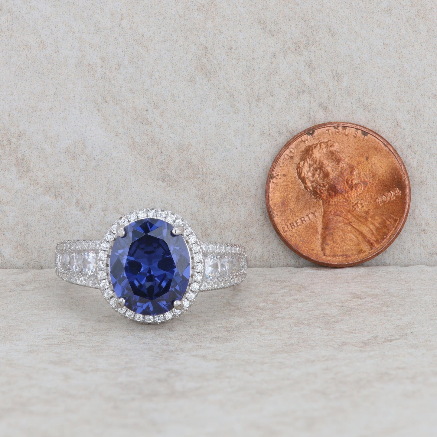 Sterling Silver Oval Blue Cubic Zirconia Halo Ring