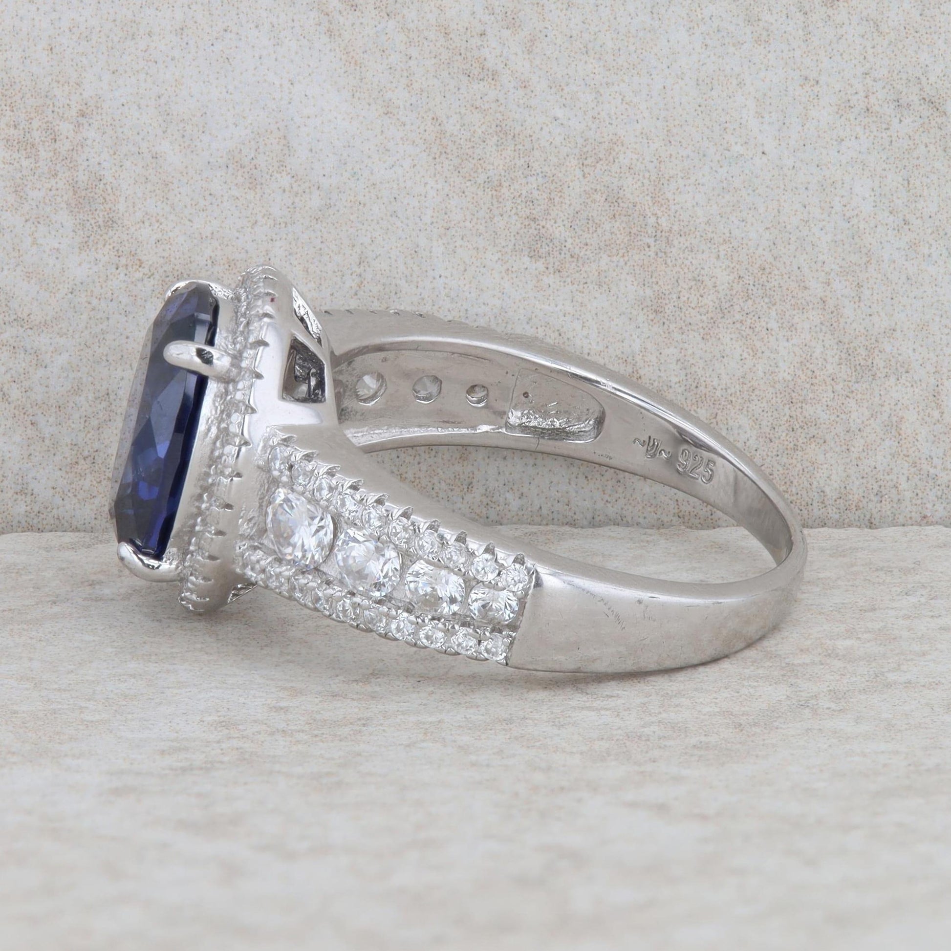 Sterling Silver Oval Blue Cubic Zirconia Halo Ring