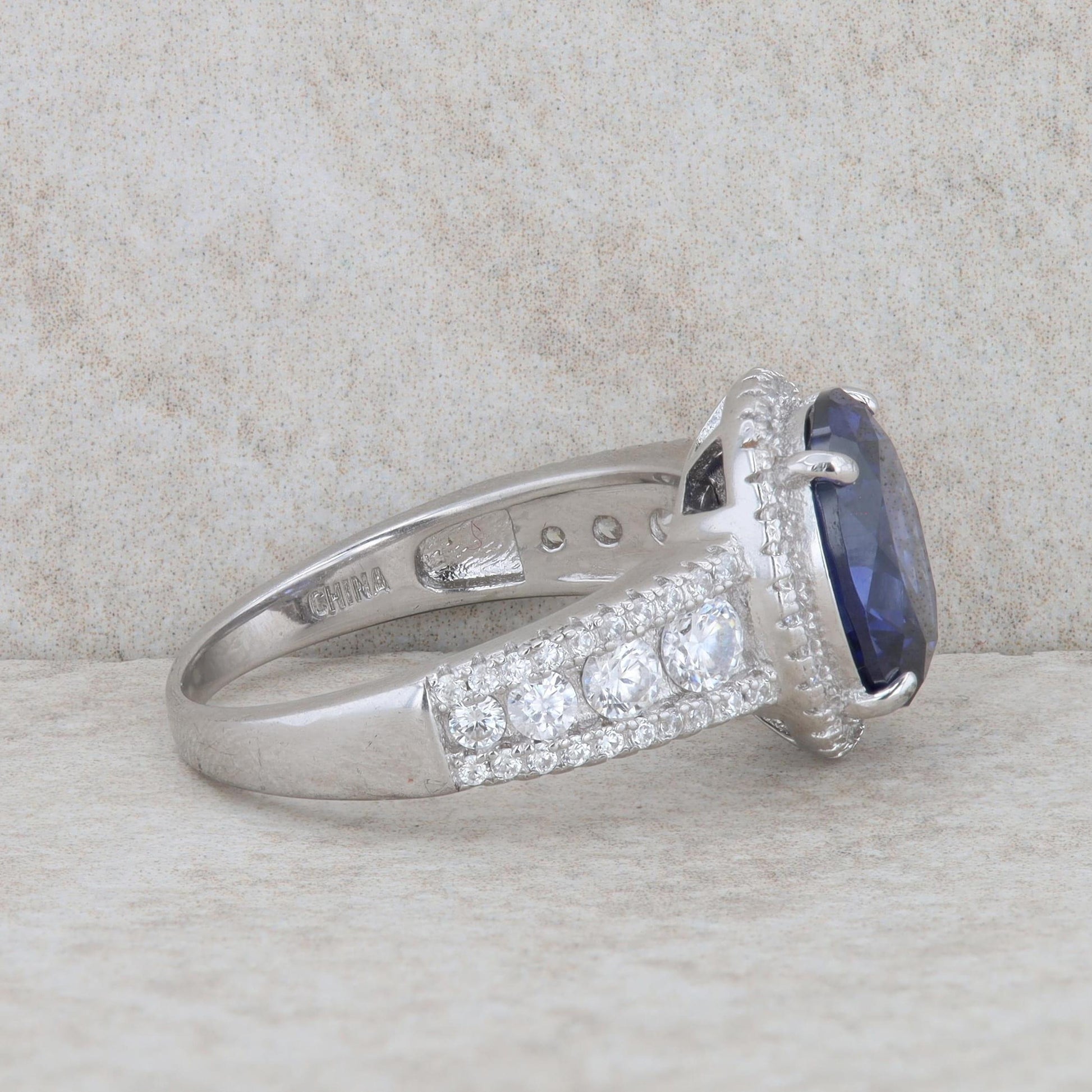 Sterling Silver Oval Blue Cubic Zirconia Halo Ring