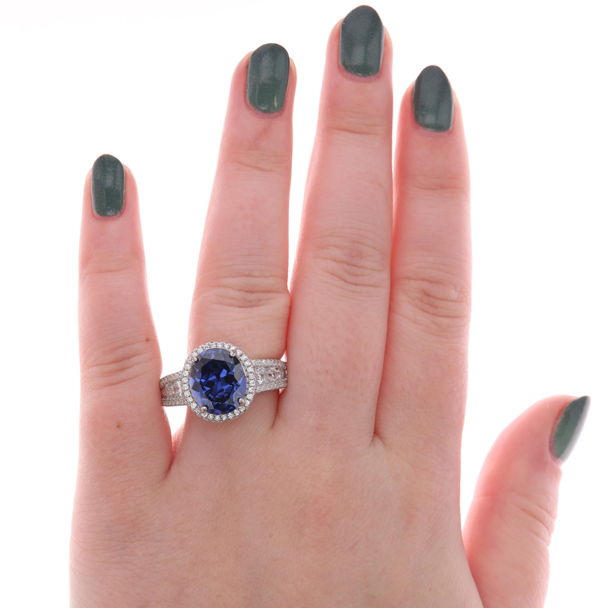 Sterling Silver Oval Blue Cubic Zirconia Halo Ring