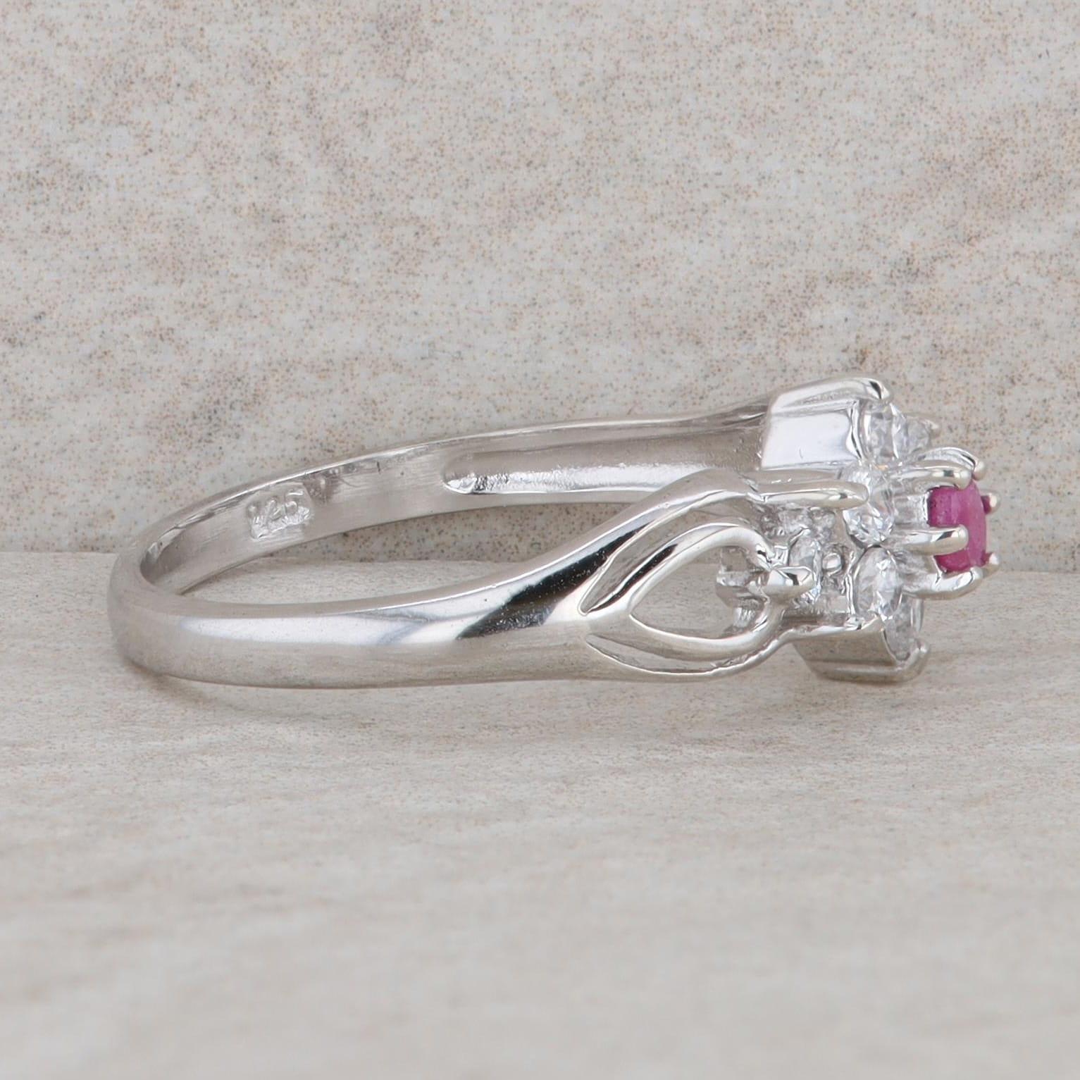 Sterling Silver Round Ruby & Cubic Zirconia Halo Floral Cutout Ring