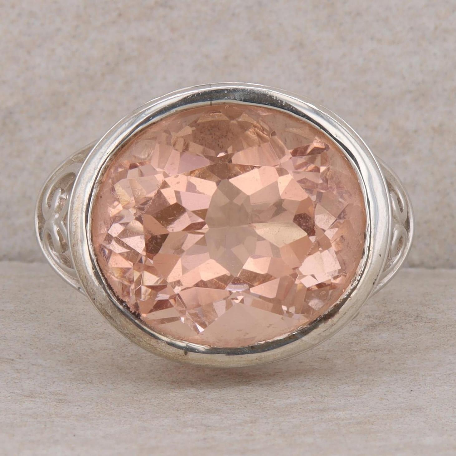 Sterling Silver East West Set Peach Colored Glass Filigree Ring