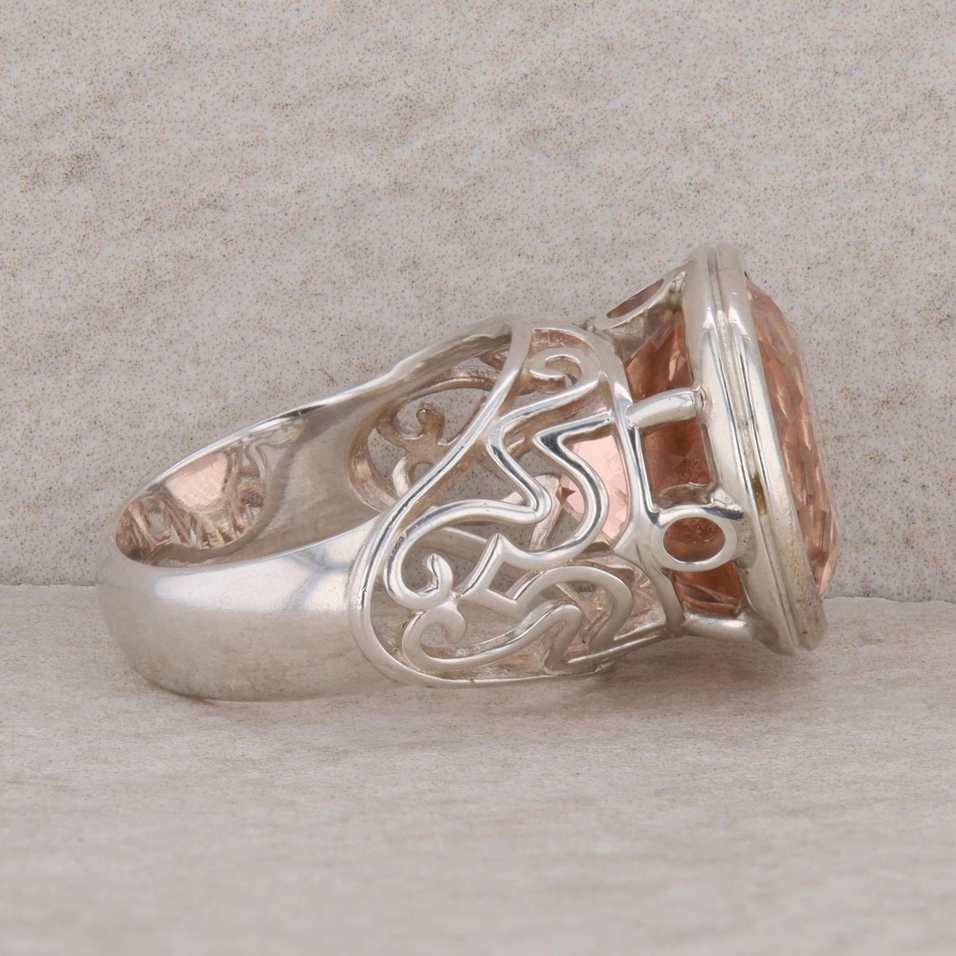 Sterling Silver East West Set Peach Colored Glass Filigree Ring