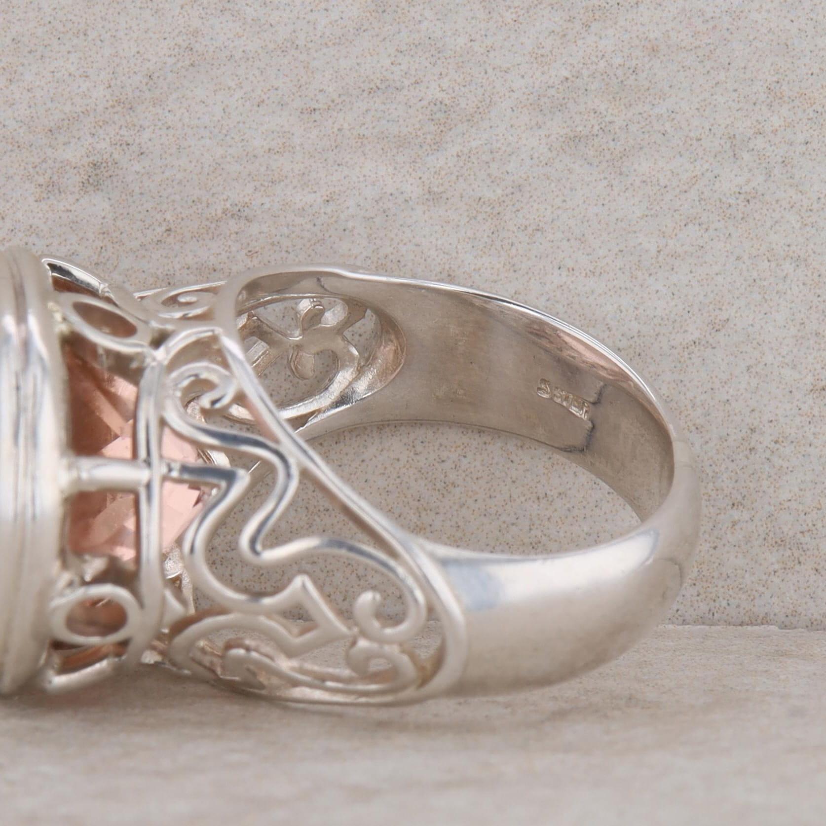 Sterling Silver East West Set Peach Colored Glass Filigree Ring