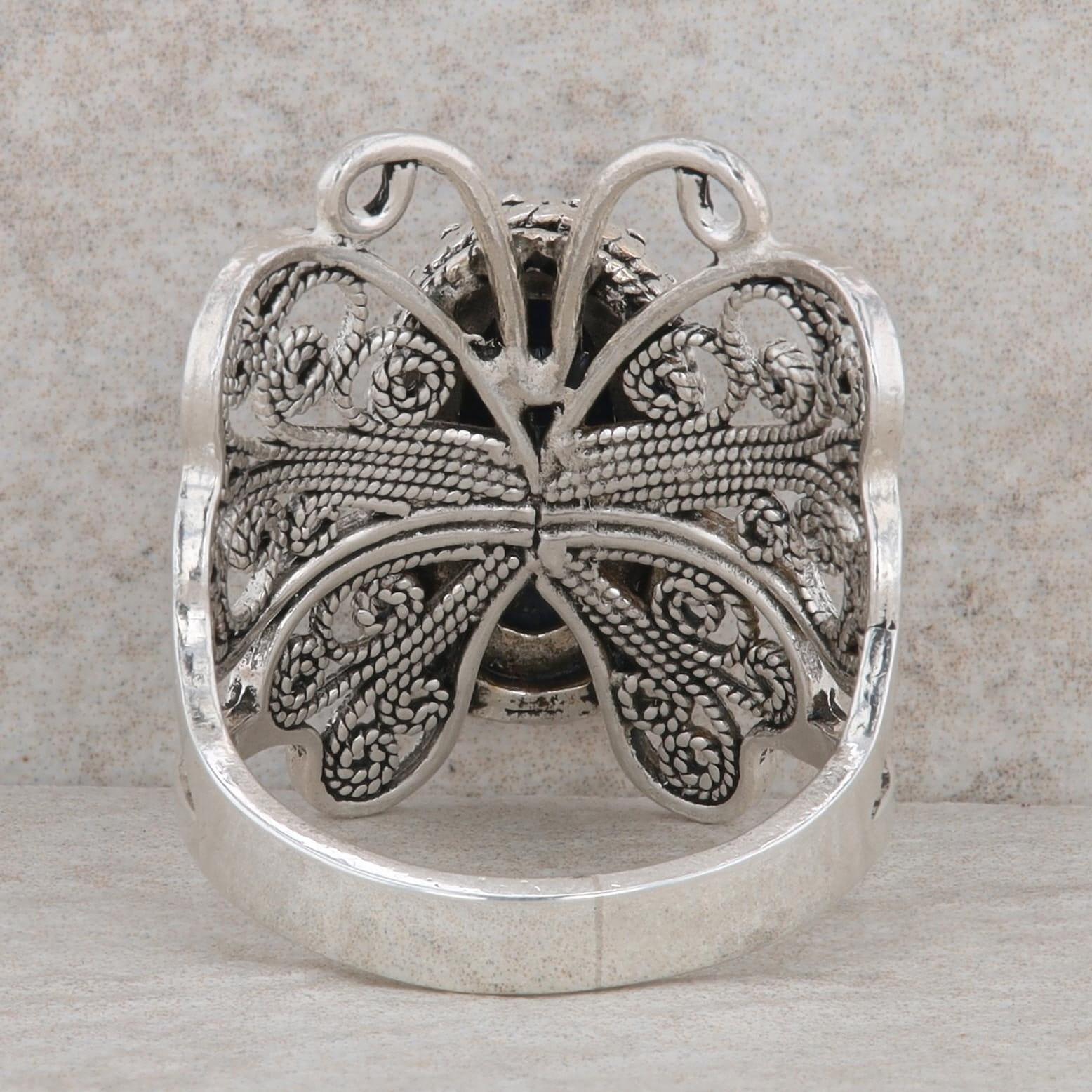 Sterling Silver Oval Checkerboard Cut Lapis Butterfly Ring
