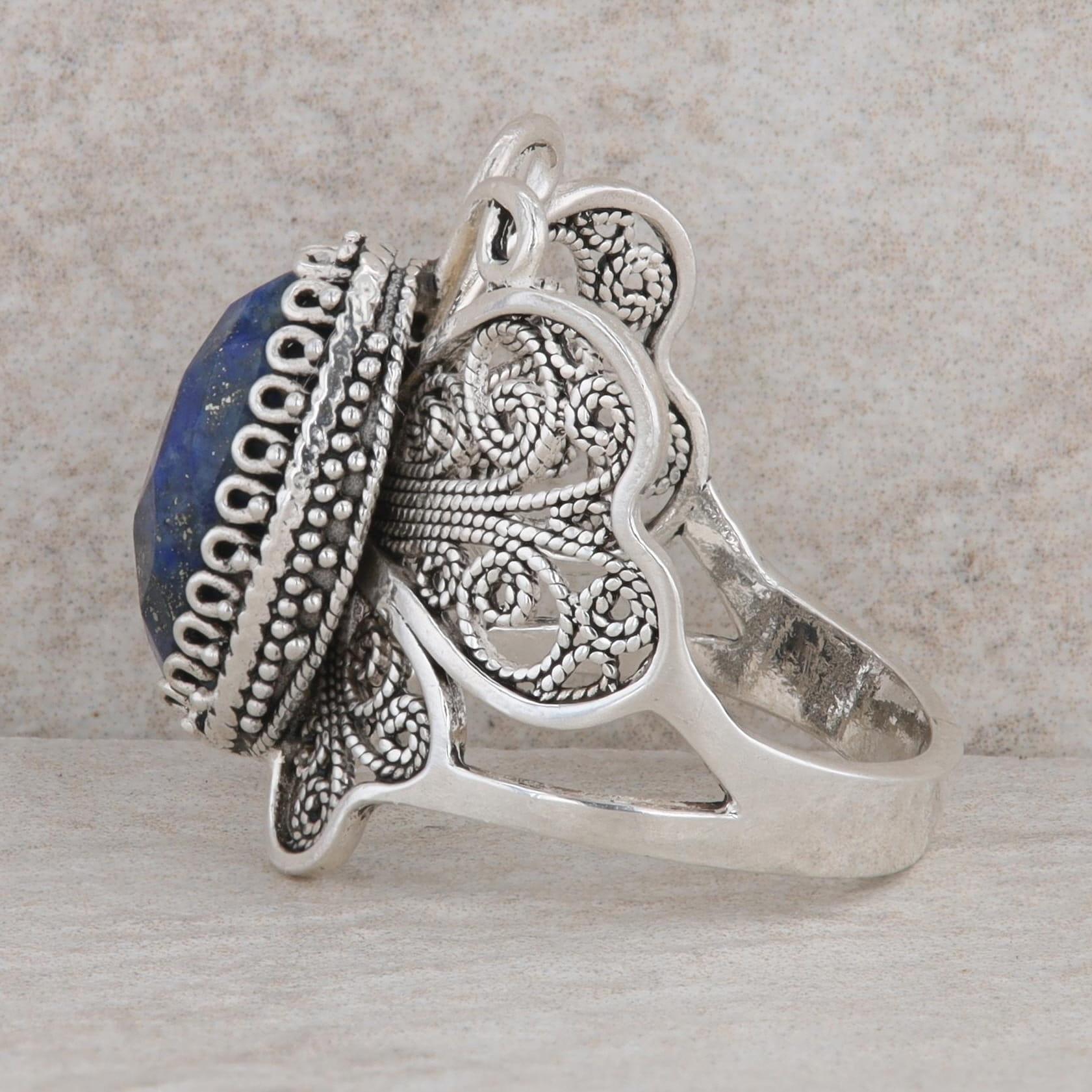 Sterling Silver Oval Checkerboard Cut Lapis Butterfly Ring