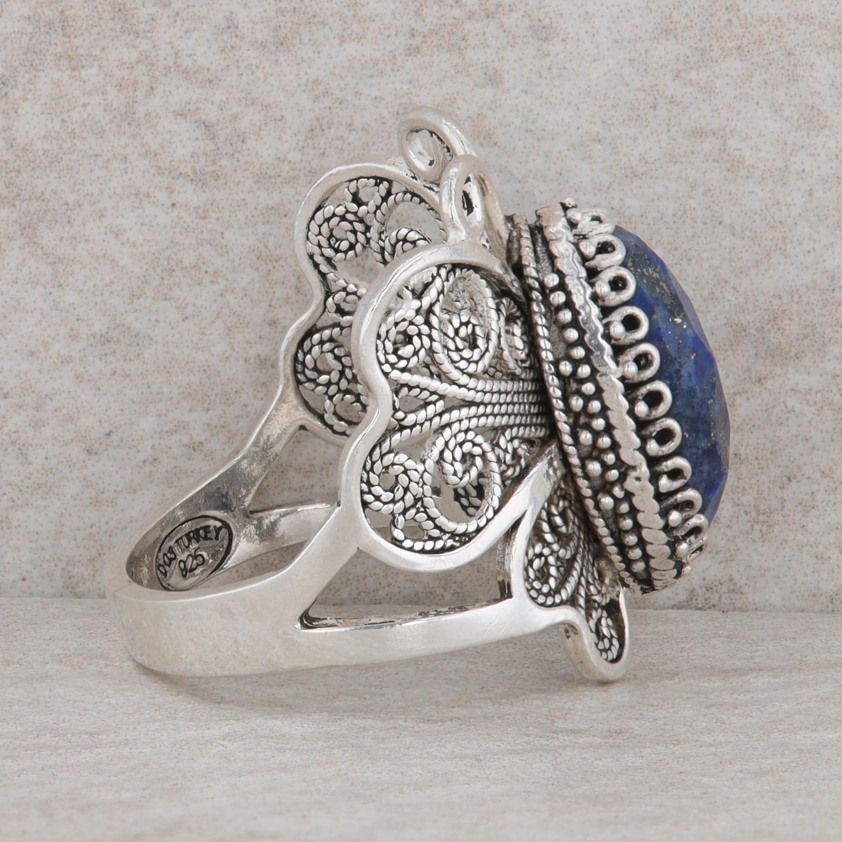 Sterling Silver Oval Checkerboard Cut Lapis Butterfly Ring