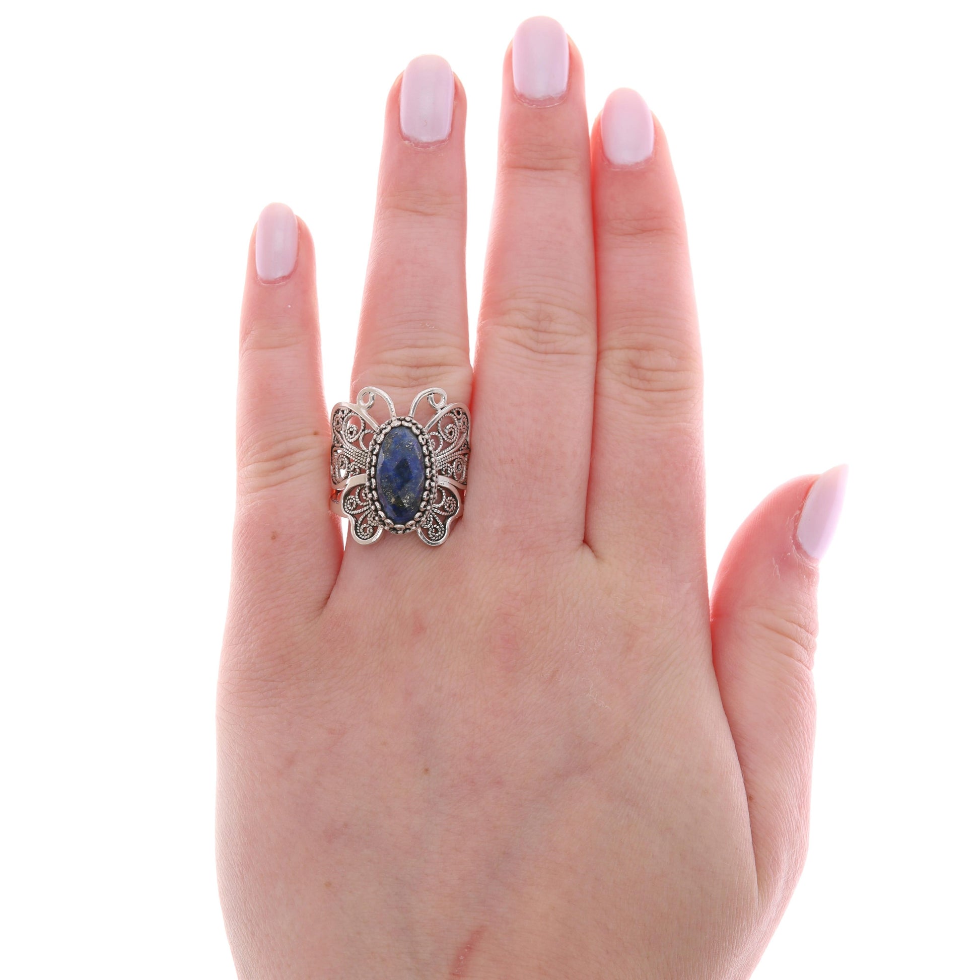 Sterling Silver Oval Checkerboard Cut Lapis Butterfly Ring