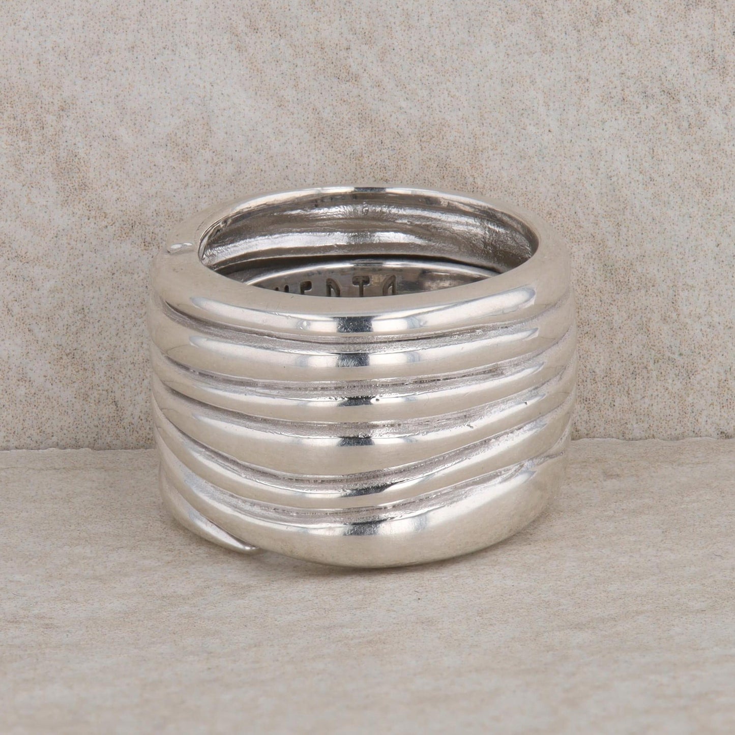 Sterling Silver Ribbed Wave Pattern Wide Ring, Vento Silver