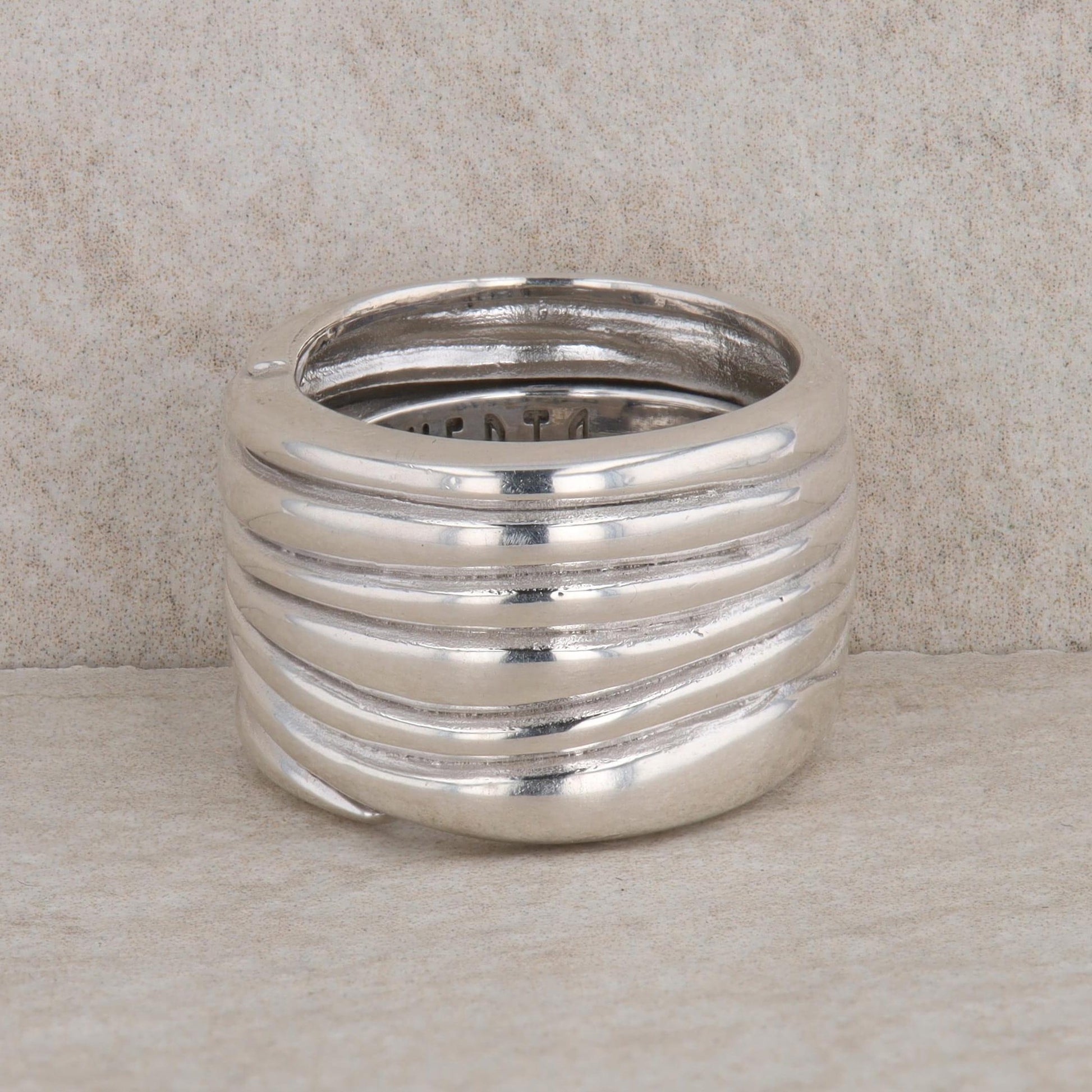 Sterling Silver Ribbed Wave Pattern Wide Ring, Vento Silver