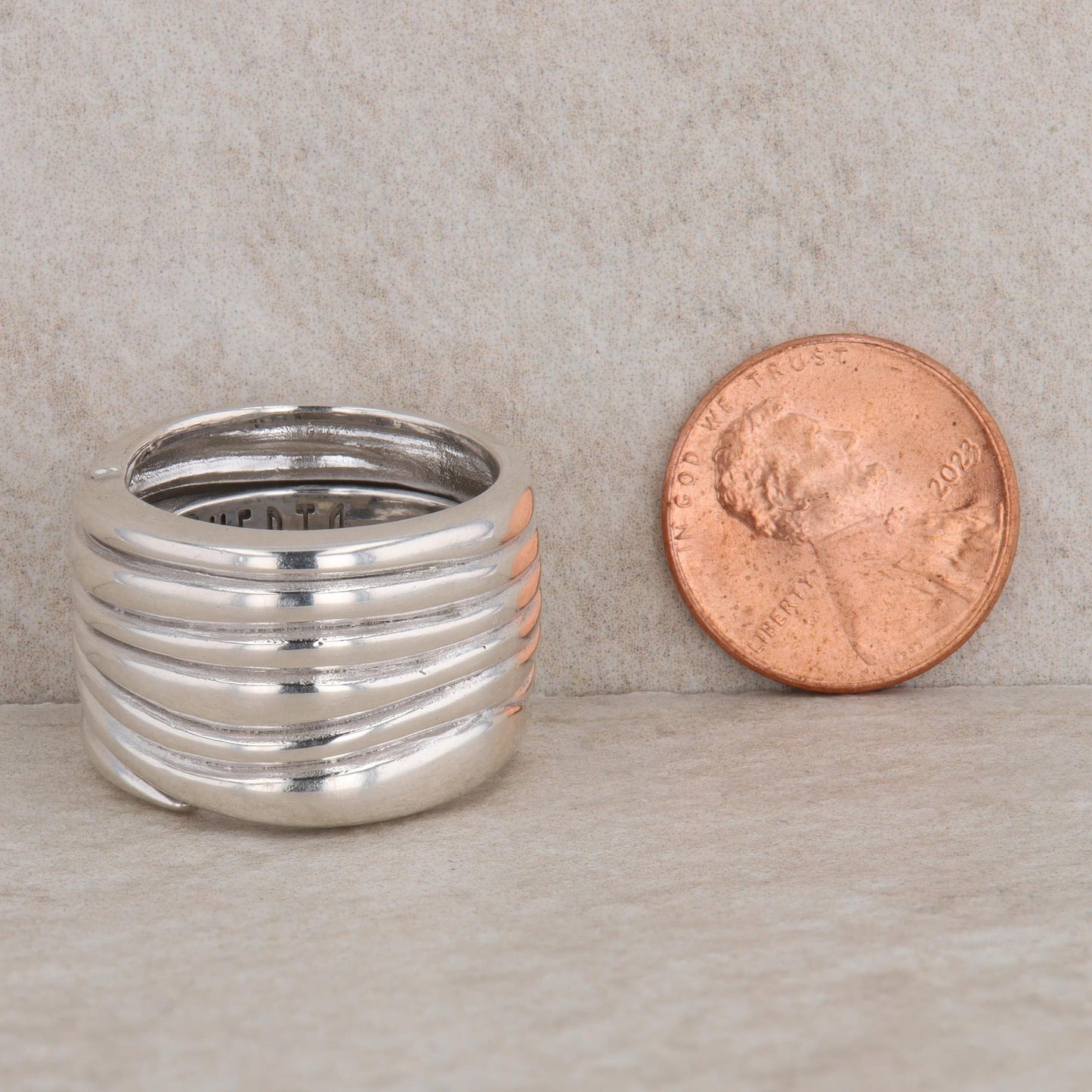 Sterling Silver Ribbed Wave Pattern Wide Ring, Vento Silver