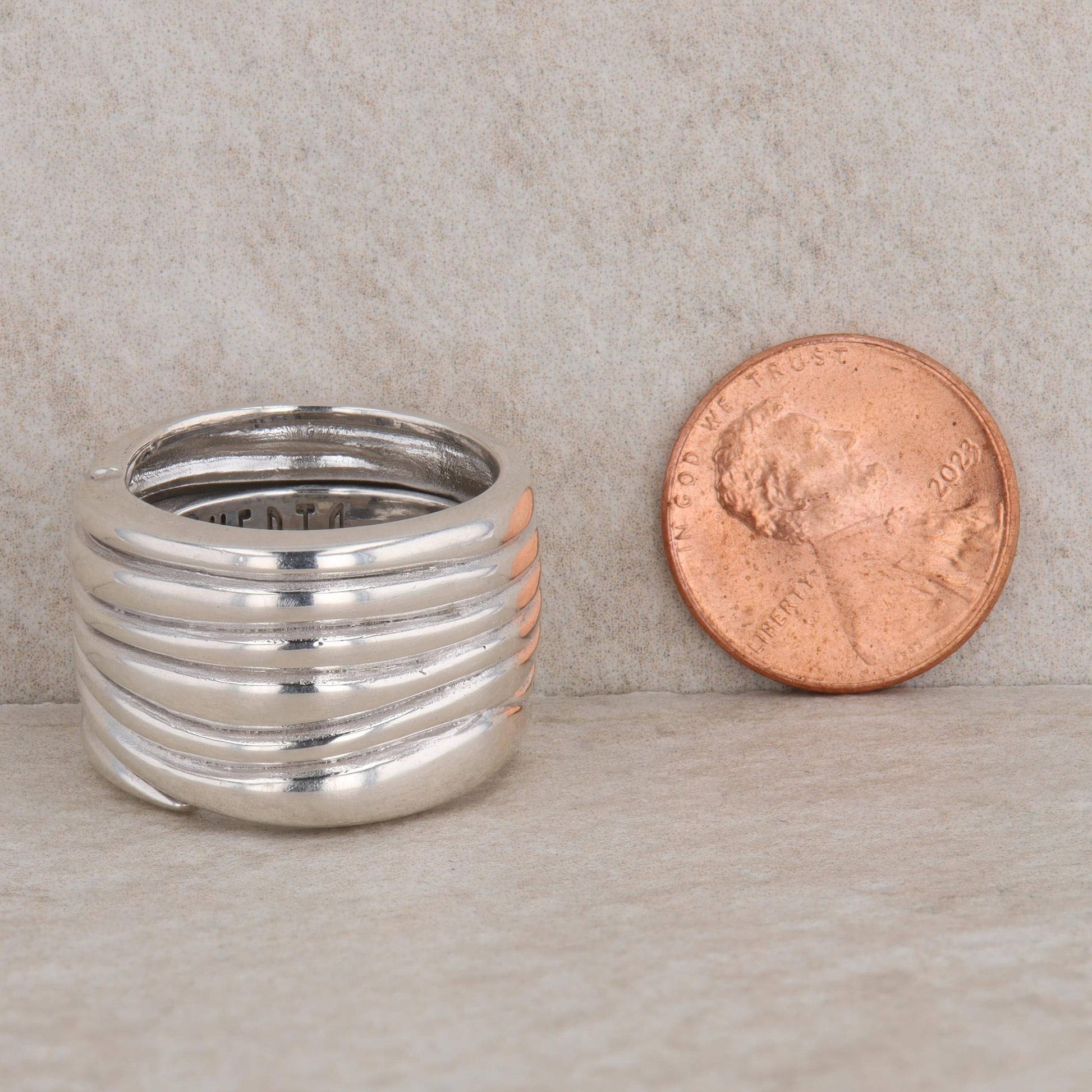 Sterling Silver Ribbed Wave Pattern Wide Ring, Vento Silver