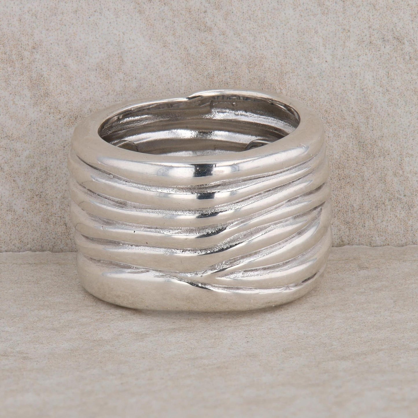 Sterling Silver Ribbed Wave Pattern Wide Ring, Vento Silver