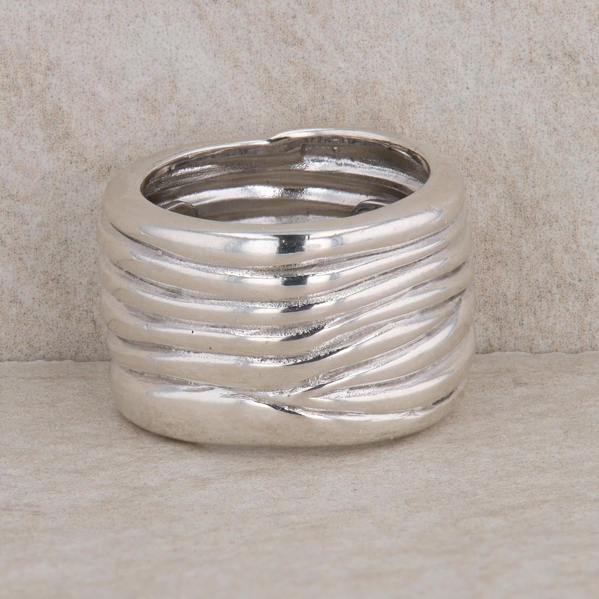 Sterling Silver Ribbed Wave Pattern Wide Ring, Vento Silver