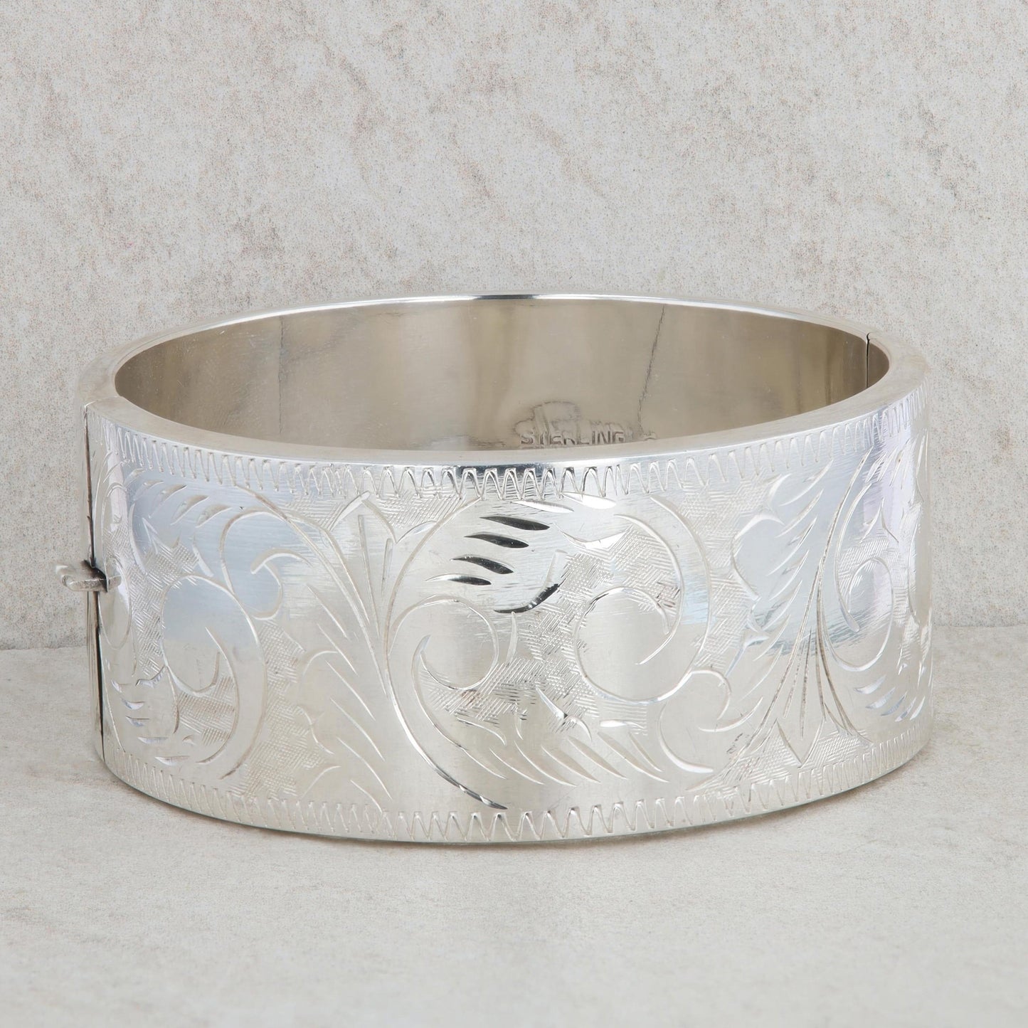 Sterling Silver 30mm Wide Diamond Etched Bangle Bracelet, 57.0g
