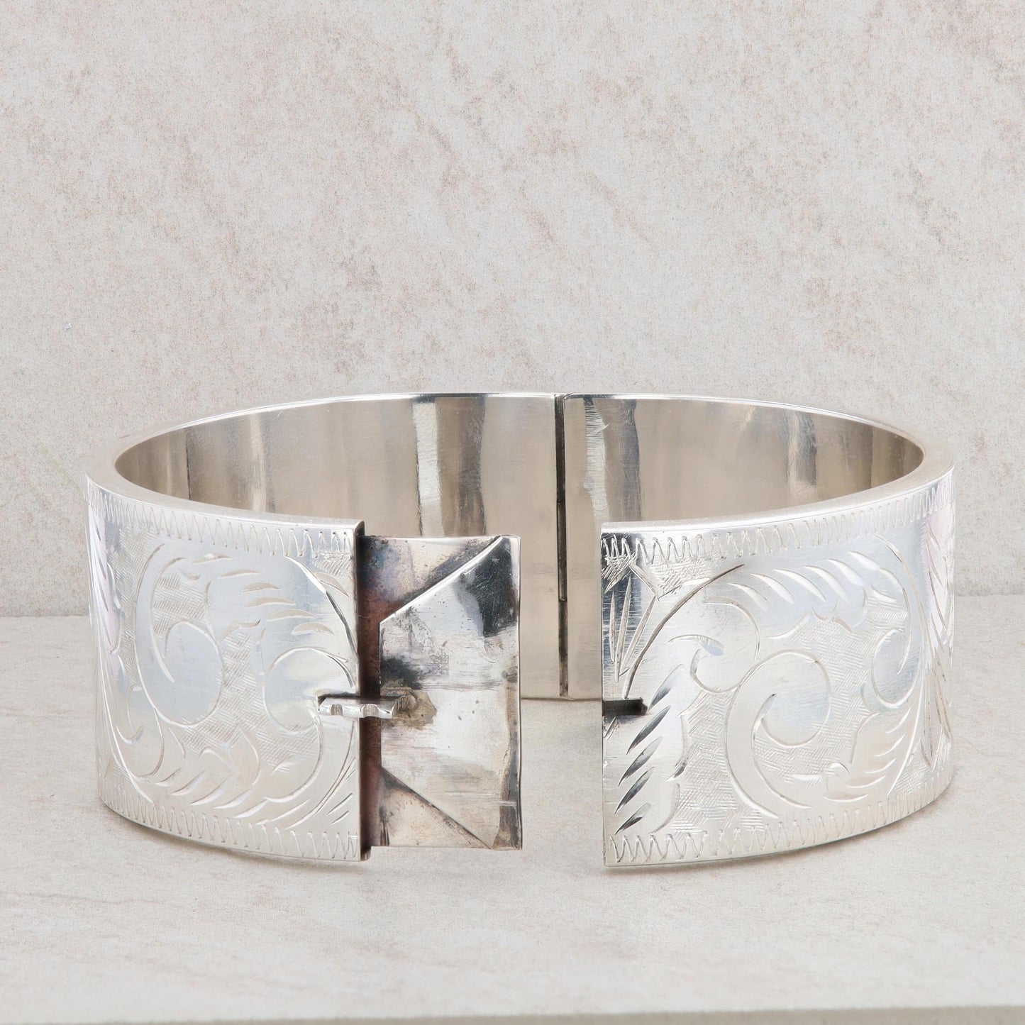 Sterling Silver 30mm Wide Diamond Etched Bangle Bracelet, 57.0g