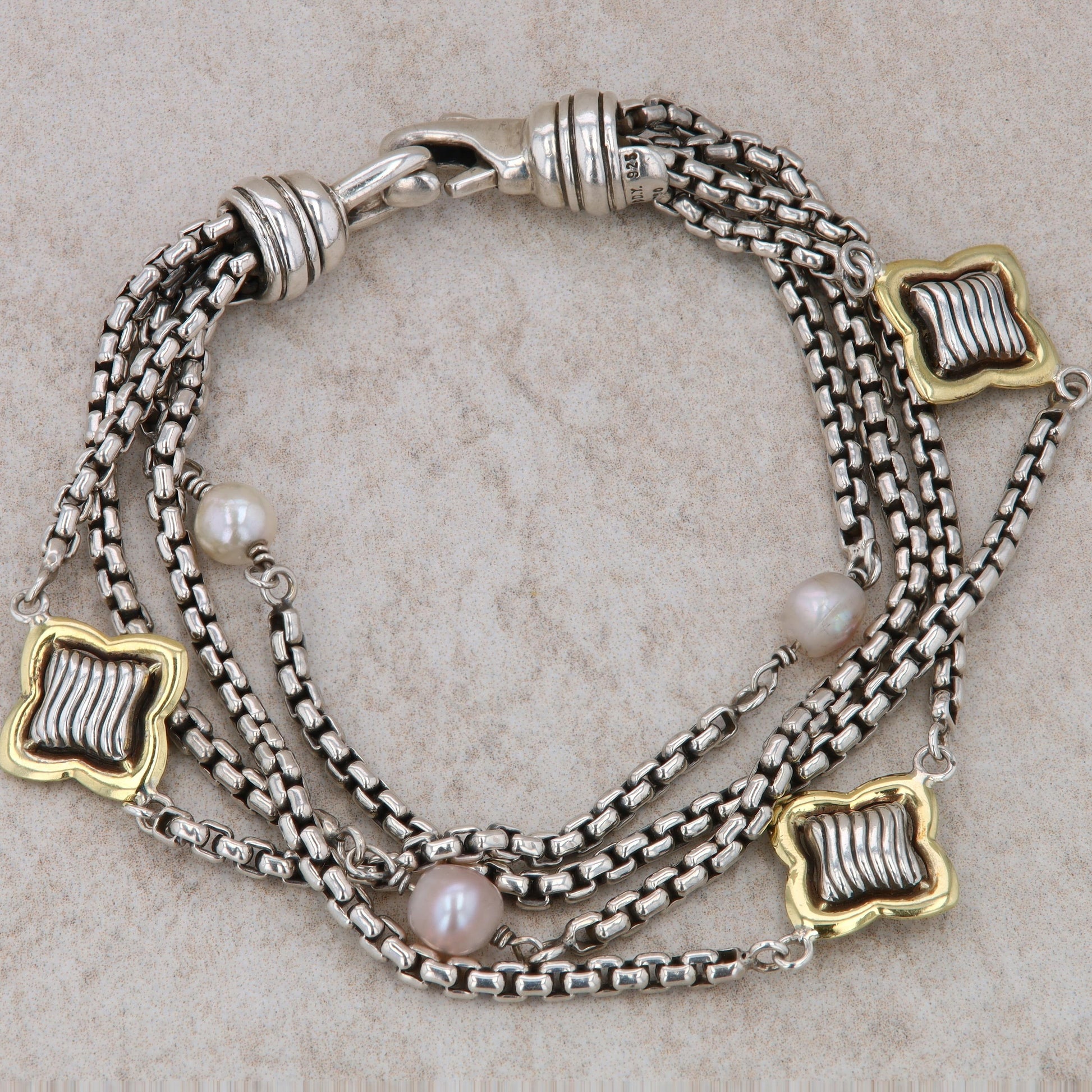 David Yurman Sterling Silver and 18k Yellow Gold Quatrefoil Multi Chain Bracelet