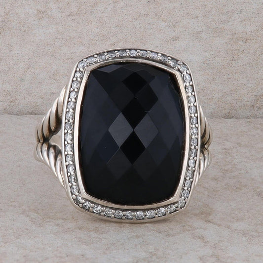 David Yurman Sterling Silver Albion Elongated Cushion Onyx and Diamond Halo Ring