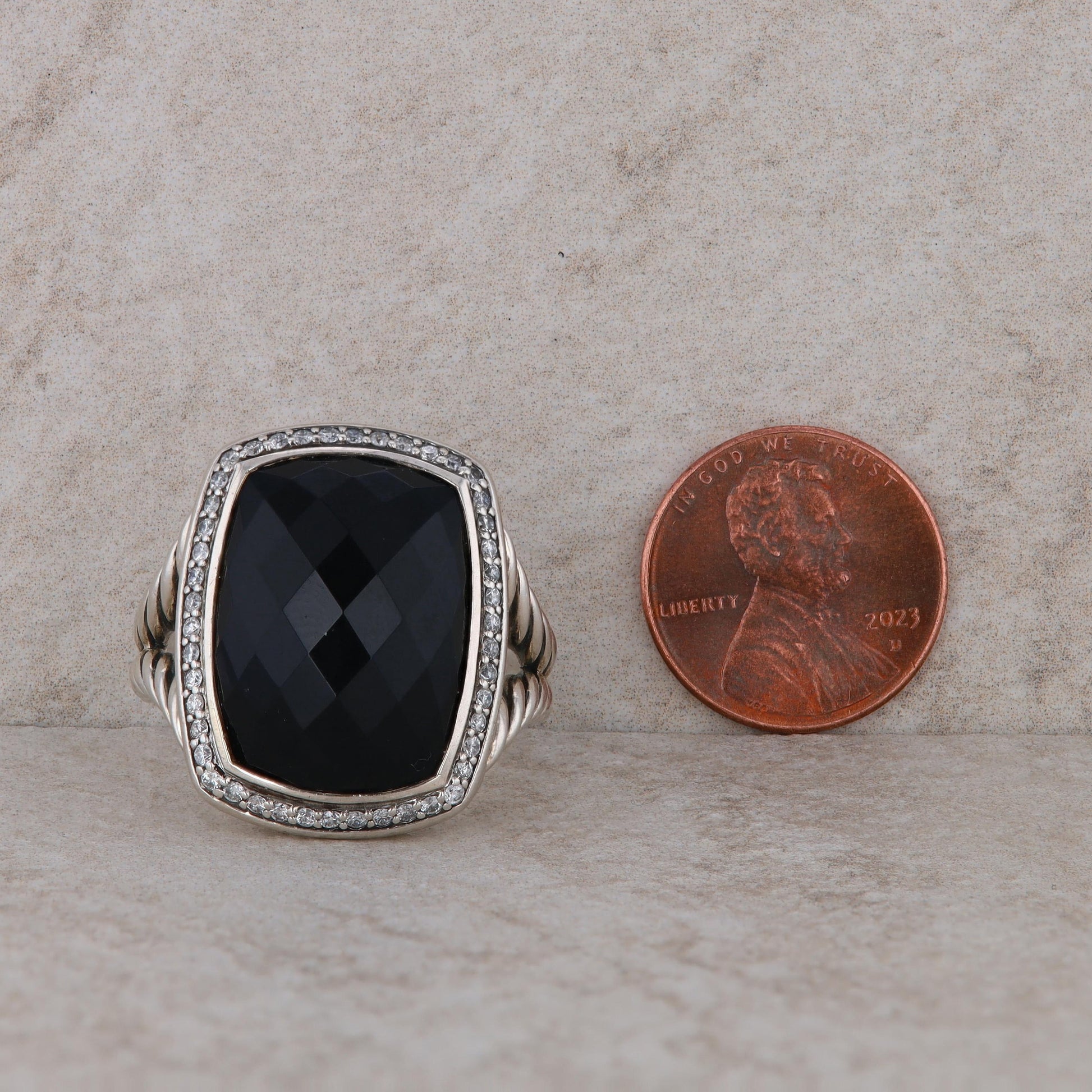 David Yurman Sterling Silver Albion Elongated Cushion Onyx and Diamond Halo Ring