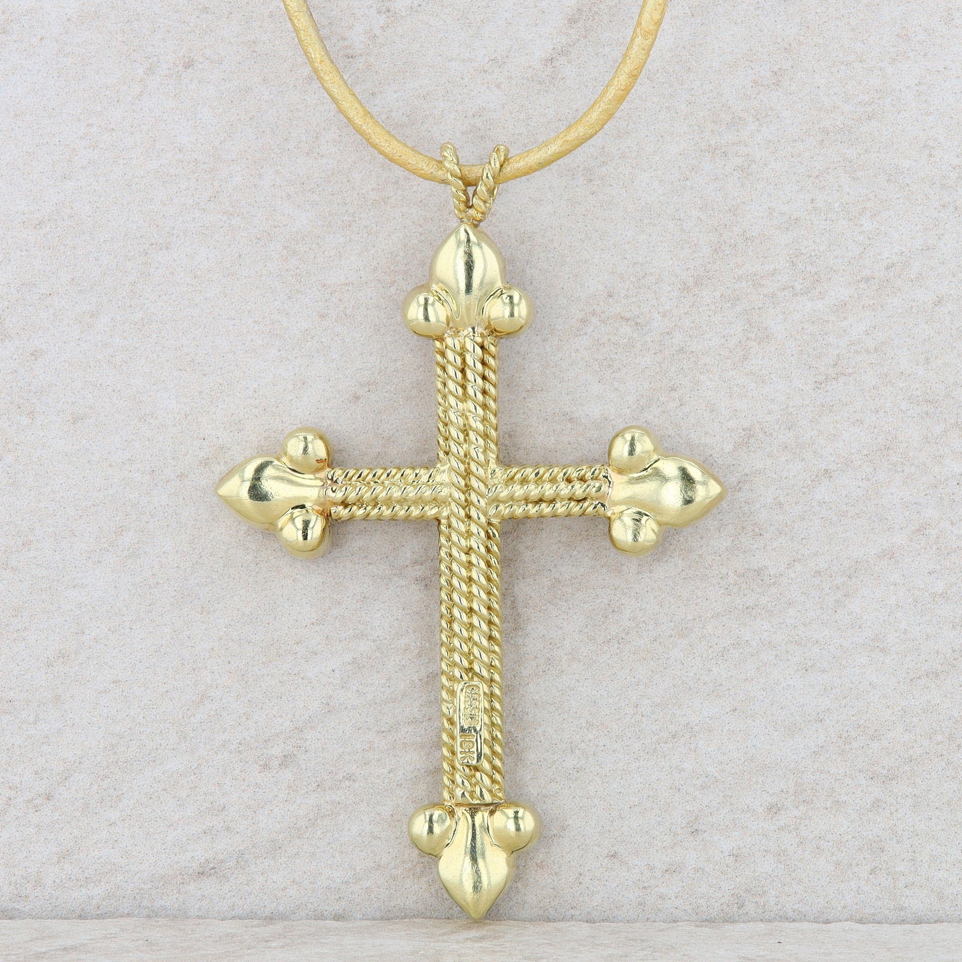 Cassis 18k Yellow Gold Cross Diamond Byzantine Pendant with Leather Cord