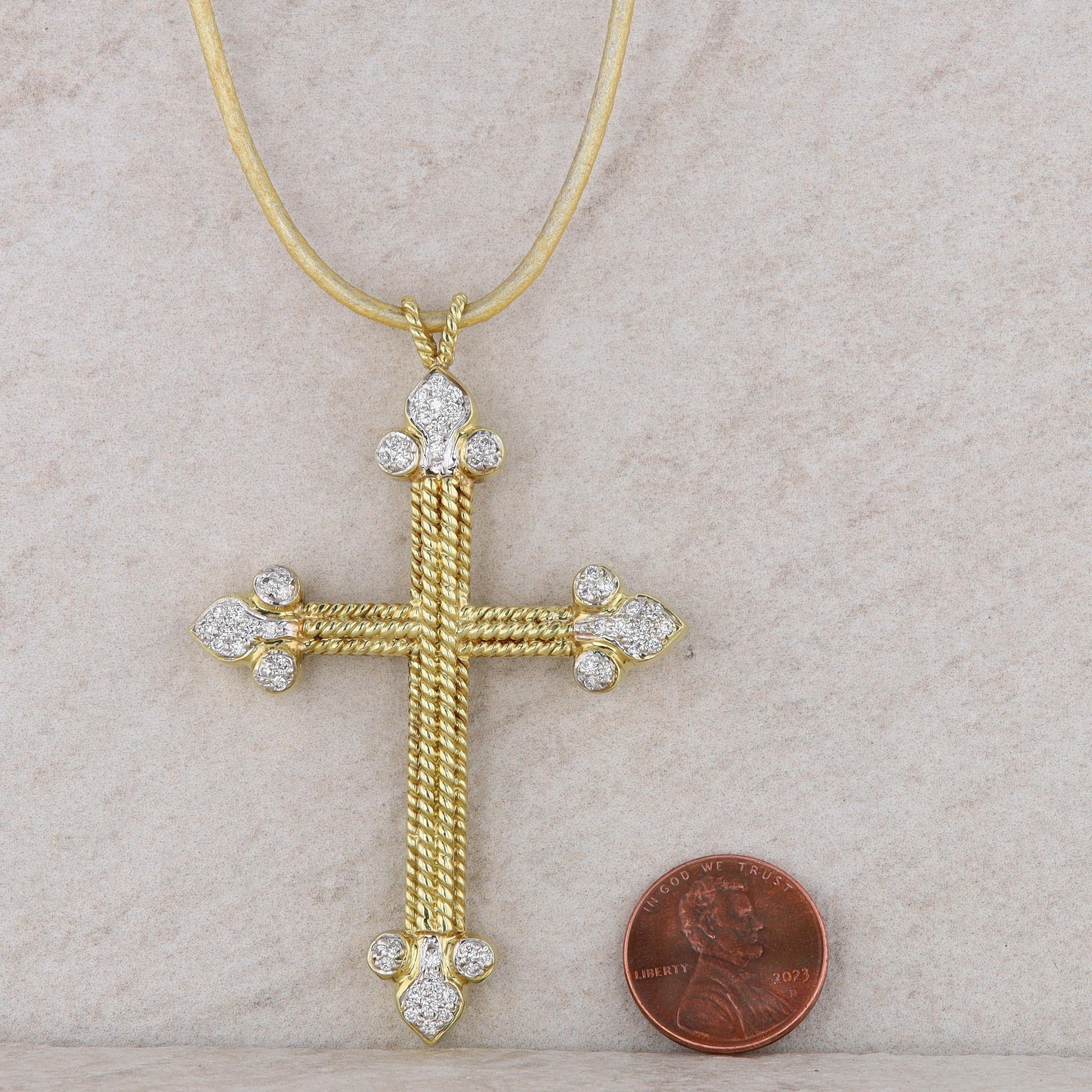 Cassis 18k Yellow Gold Cross Diamond Byzantine Pendant with Leather Cord