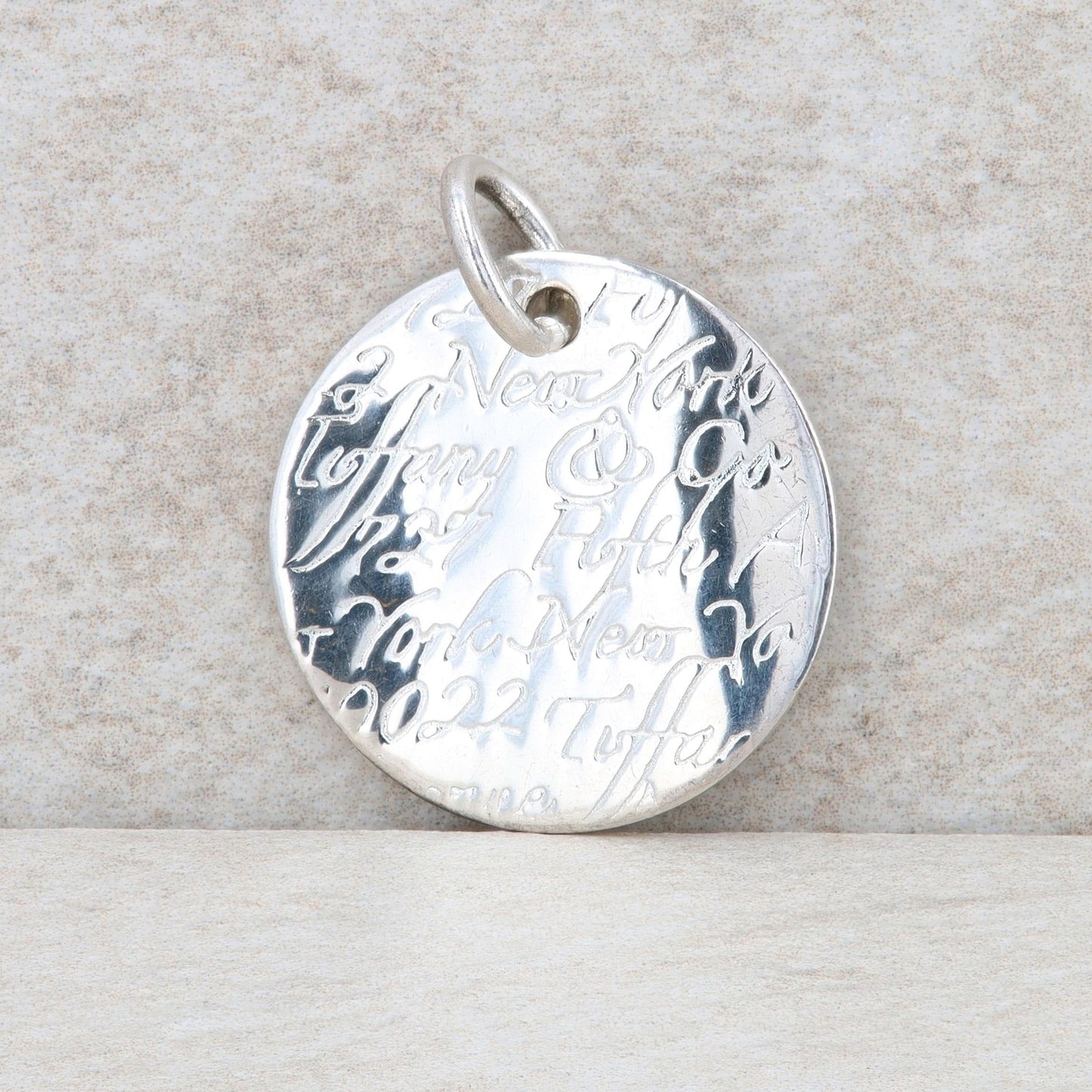 Tiffany Co Sterling Silver Script Note Round Disc Pendant