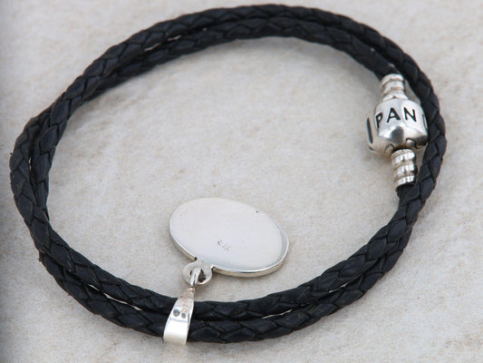 Pandora Leather Corded Double Wrap Bracelet with Sterling Silver Oval Charm