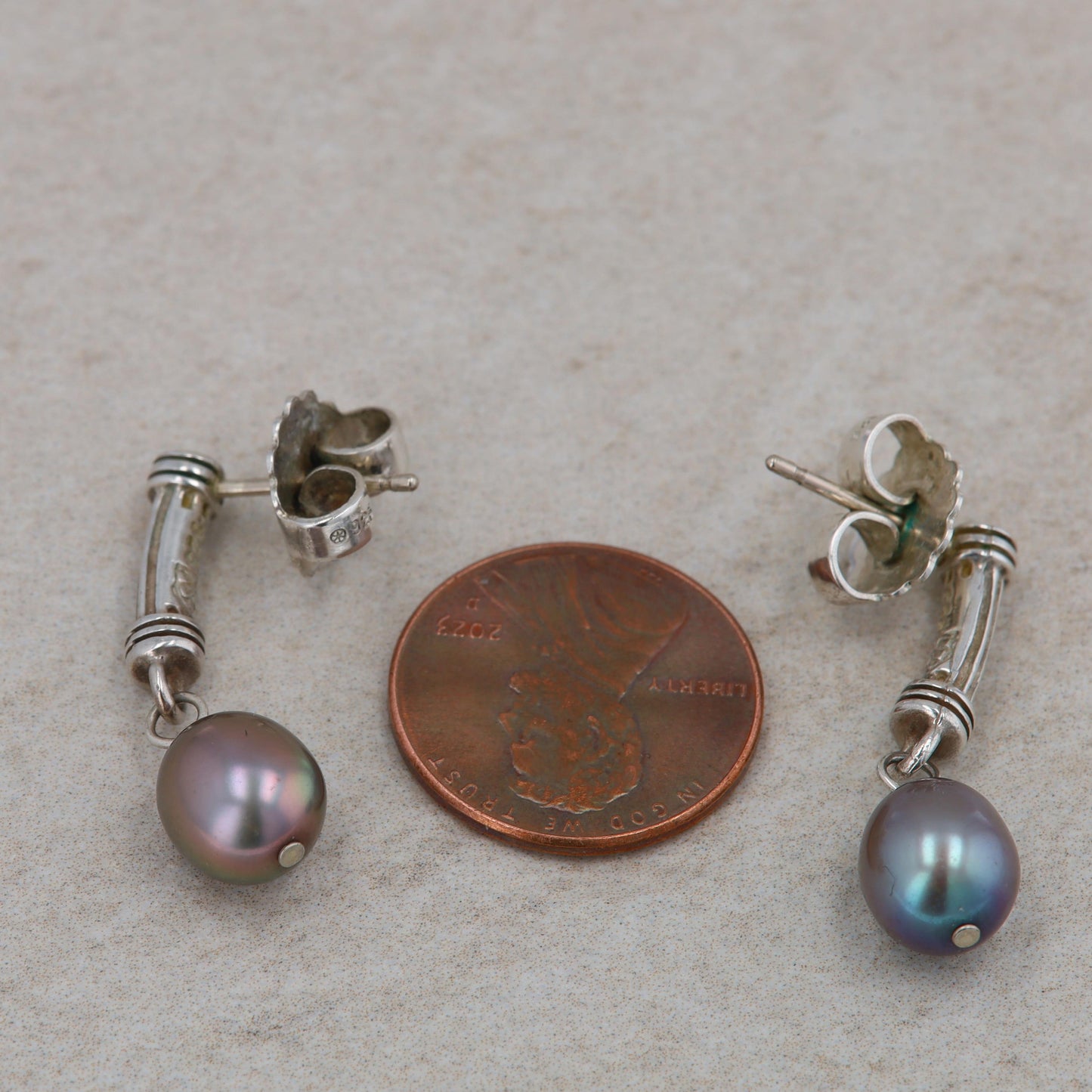 Sterling Silver Slane and Slane Tahitian Pearl Column Dangle Earrings