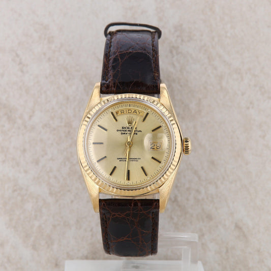 18k Yellow Gold Rolex Oyster Perpetual Crocodile Leather Champagne Dial 1973