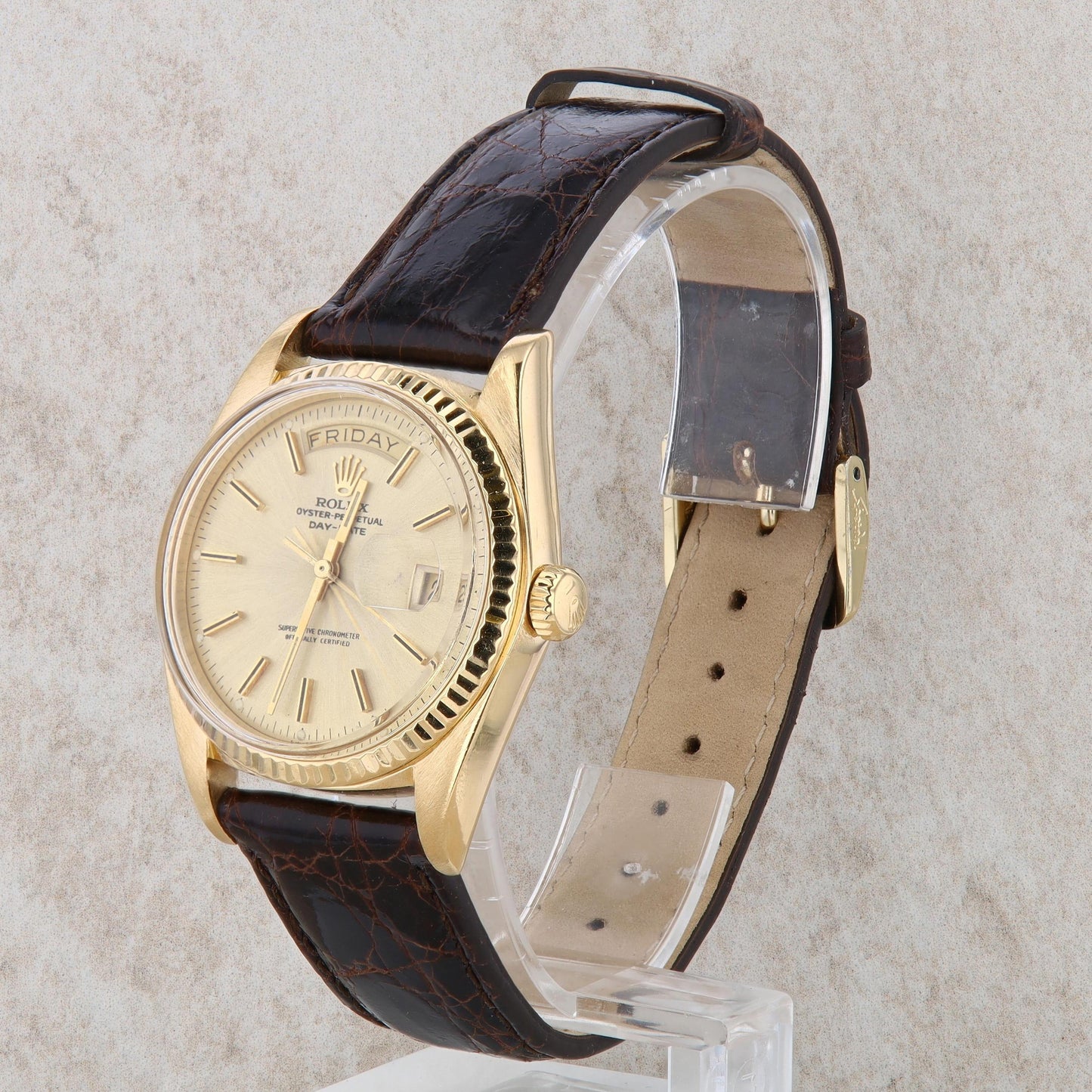 18k Yellow Gold Rolex Oyster Perpetual Crocodile Leather Champagne Dial 1973