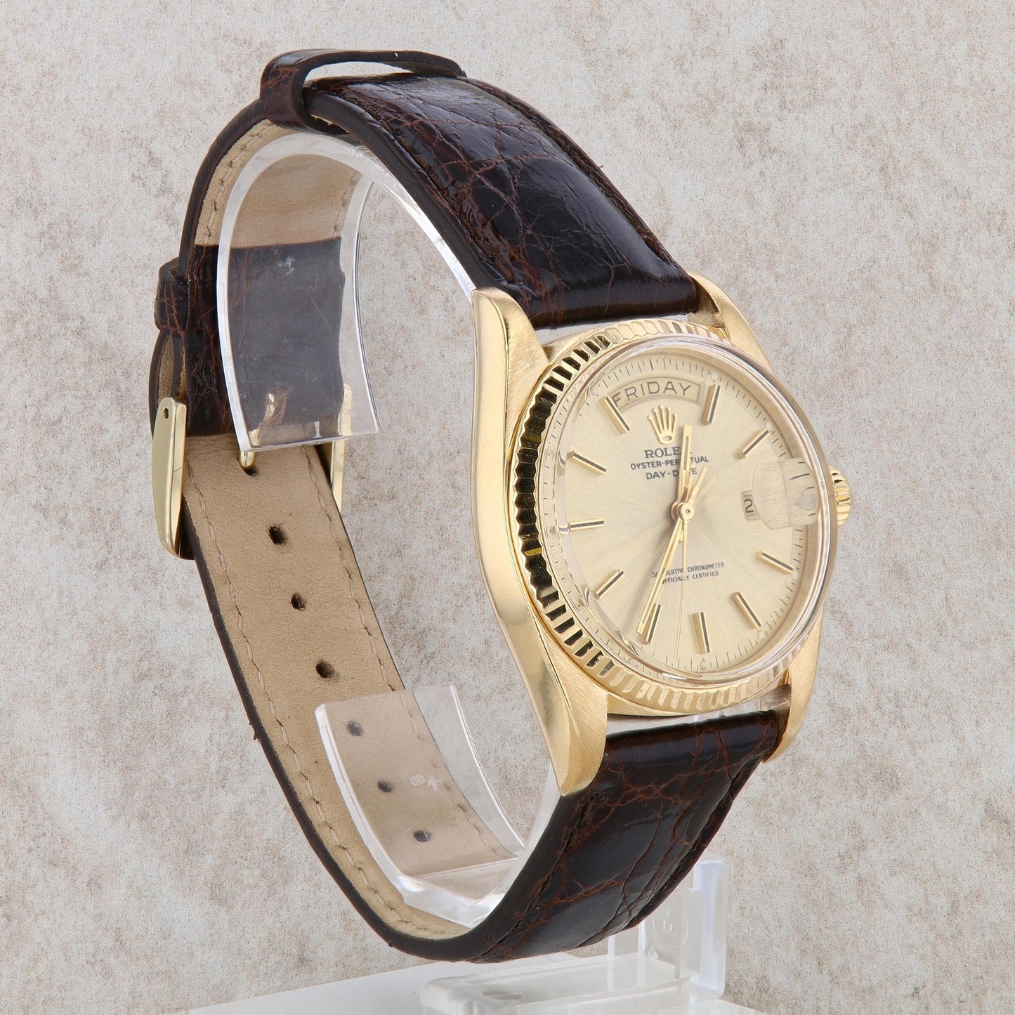 18k Yellow Gold Rolex Oyster Perpetual Crocodile Leather Champagne Dial 1973