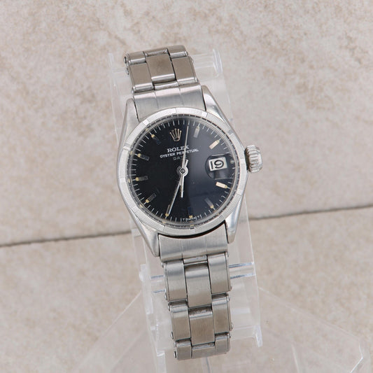 Stainless Steel Rolex Oyster Perpetual Date Ladies Oyster Band Black Dial 1966