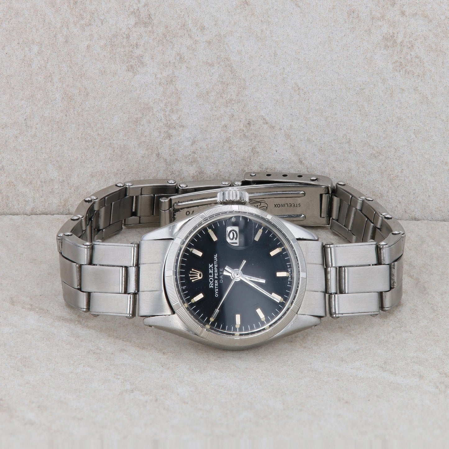 Stainless Steel Rolex Oyster Perpetual Date Ladies Oyster Band Black Dial 1966