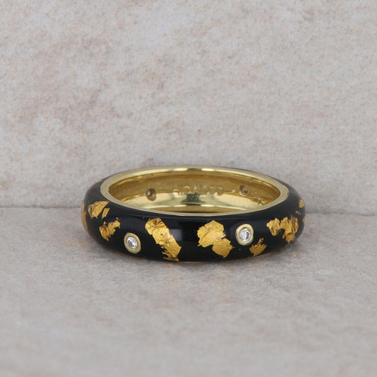 18k Yellow Hidalgo Gold Black Enamel Gold Leaf Diamond Band 6.48g