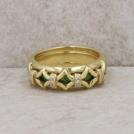 18k Yellow Hidalgo X Diamond Jacket and Green Enamel Insert Ring