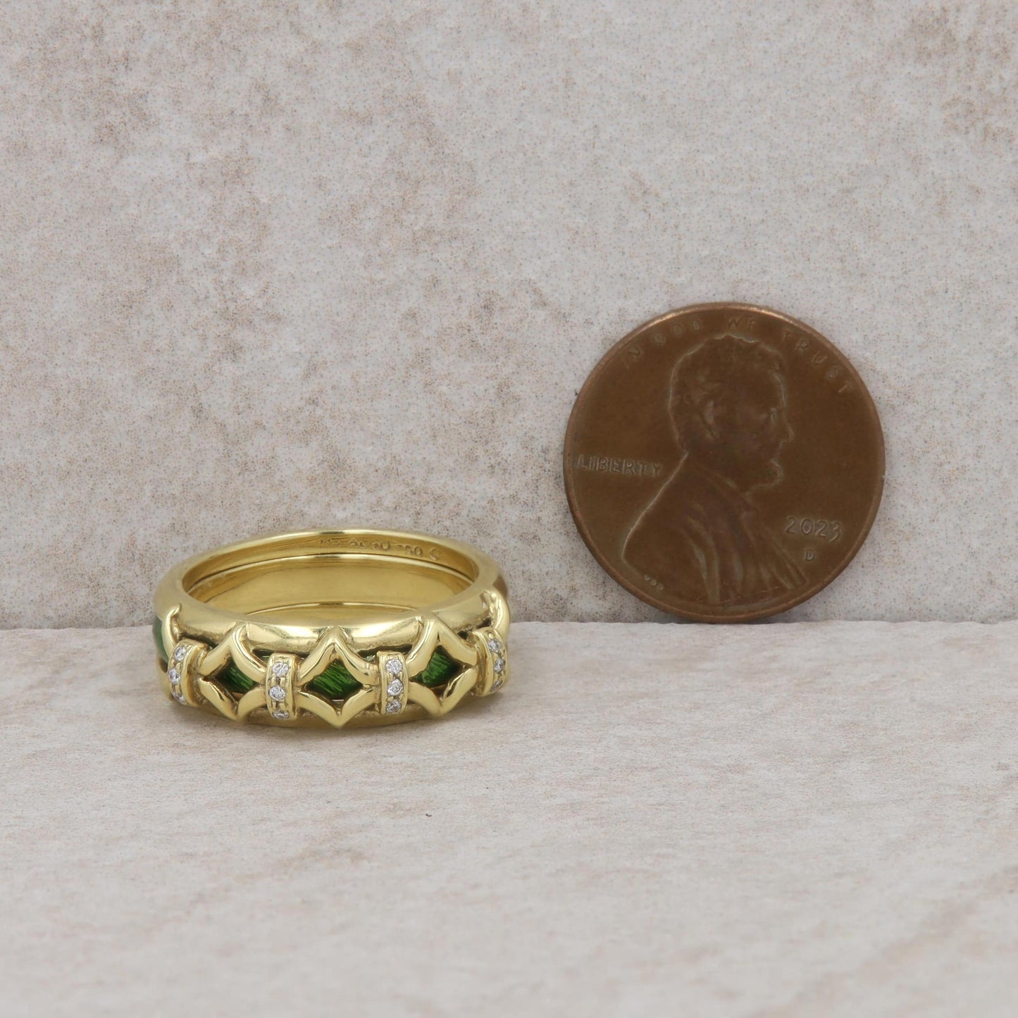 18k Yellow Hidalgo X Diamond Jacket and Green Enamel Insert Ring