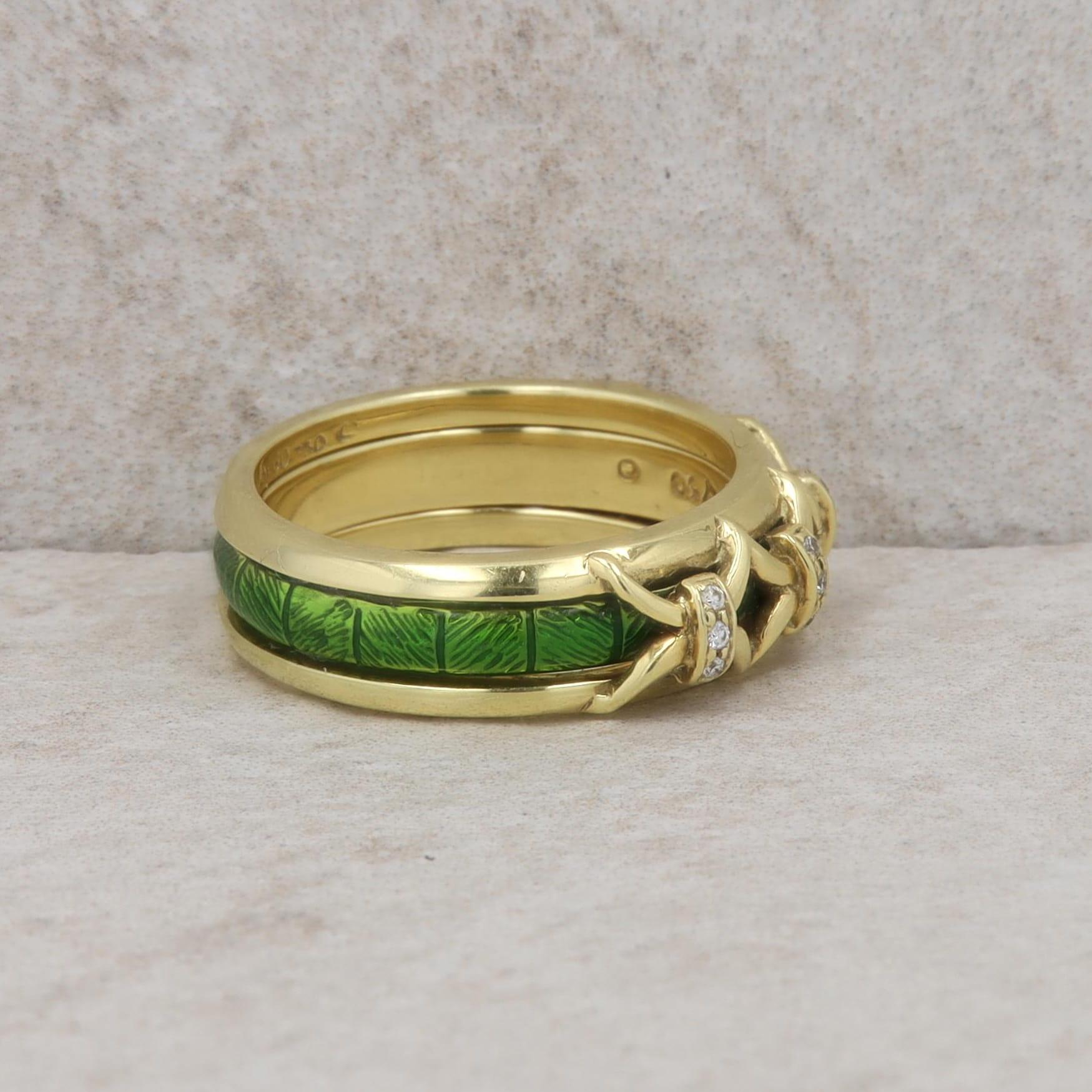 18k Yellow Hidalgo X Diamond Jacket and Green Enamel Insert Ring